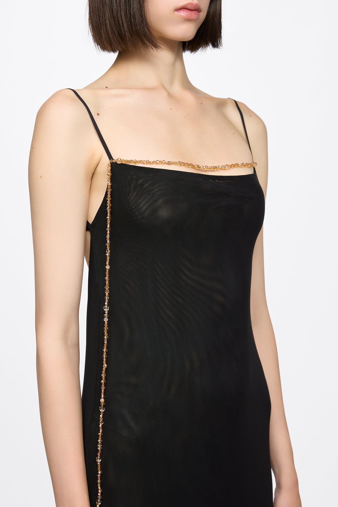 ATU Body Couture robe slip tulle longue cristaux dorés