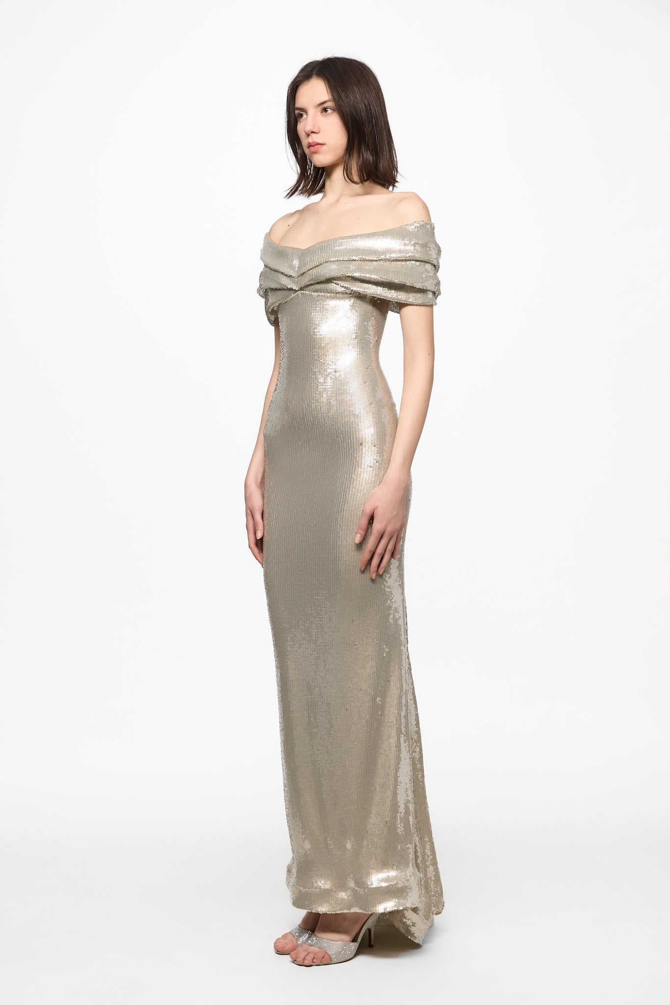 ATU Body Couture Sequins and Feathers Silver off shoulder sequin gown robe S