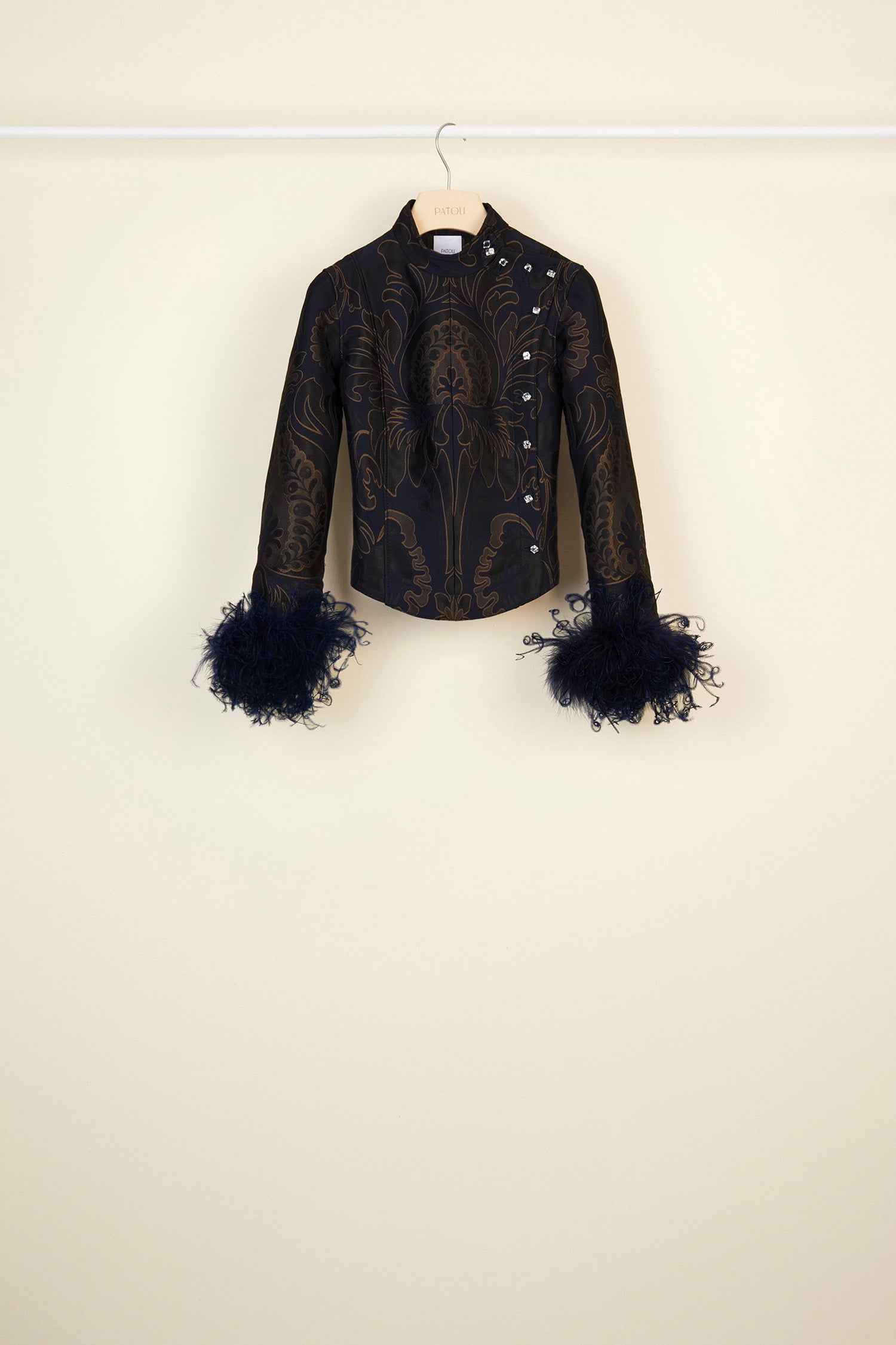Patou Jackets H20OU00200075006 veste Navy Amber Print soie plumes