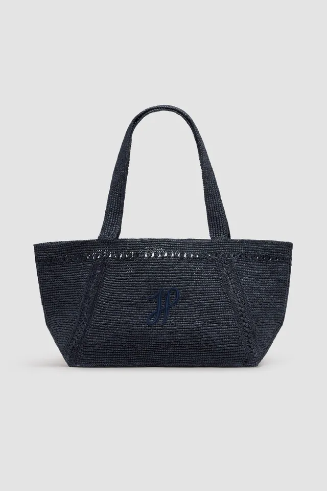 Patou AC092 grand cabas tote trapèze raffia bleu marine