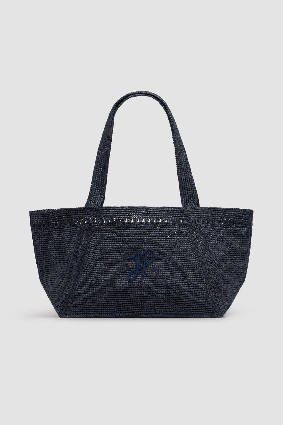 Patou AC092 grand cabas tote trapèze raffia bleu marine