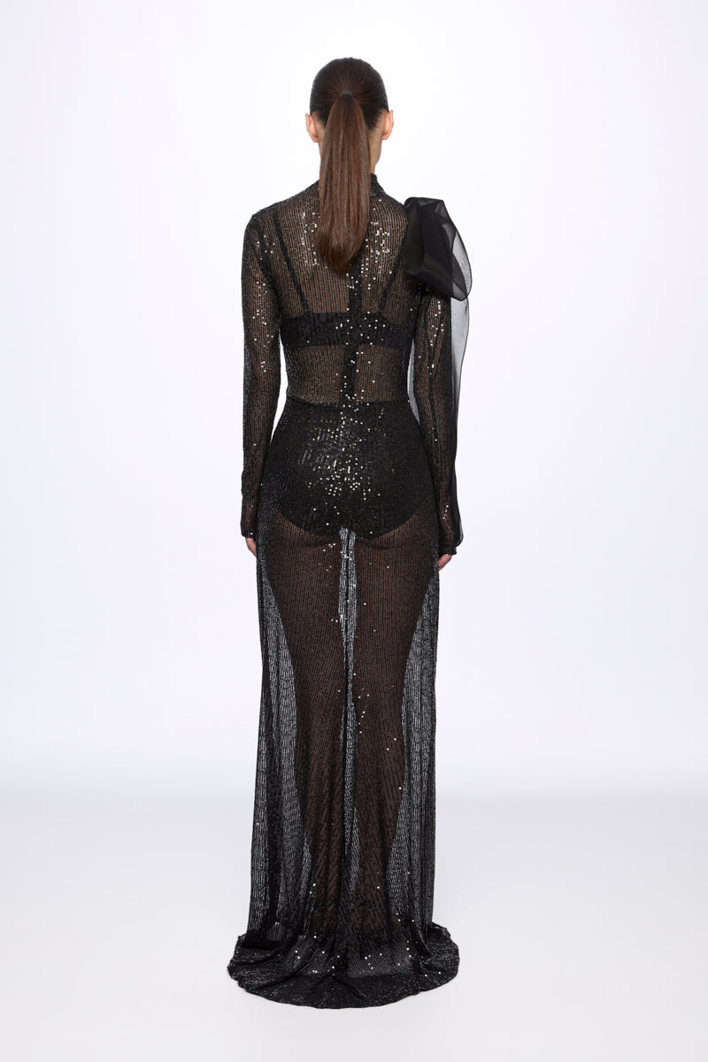 ATU Body Couture robe sequins noire midi nœud soie S