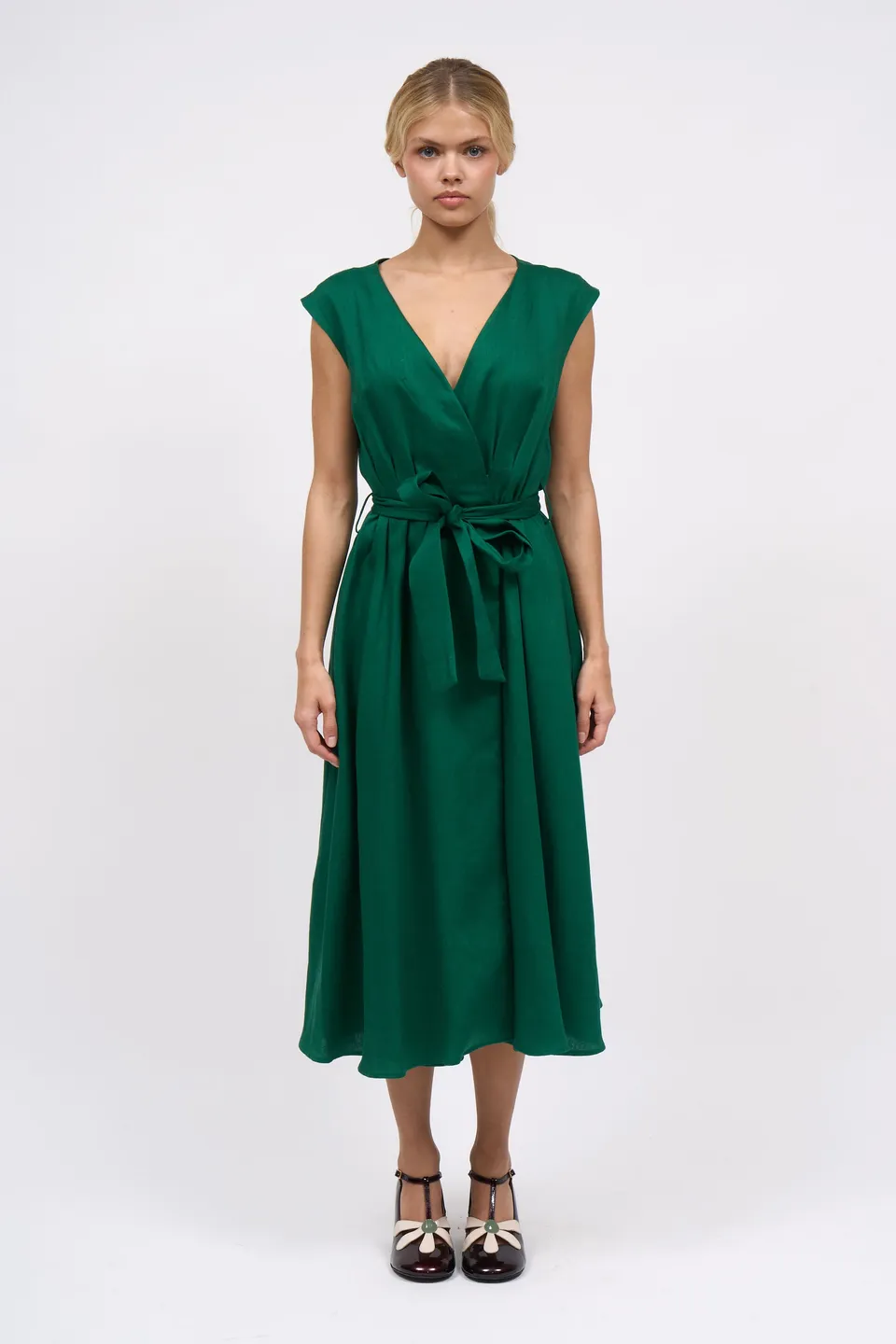 Paul & Joe Shanghai Robe midi lin sans manche vert foncé