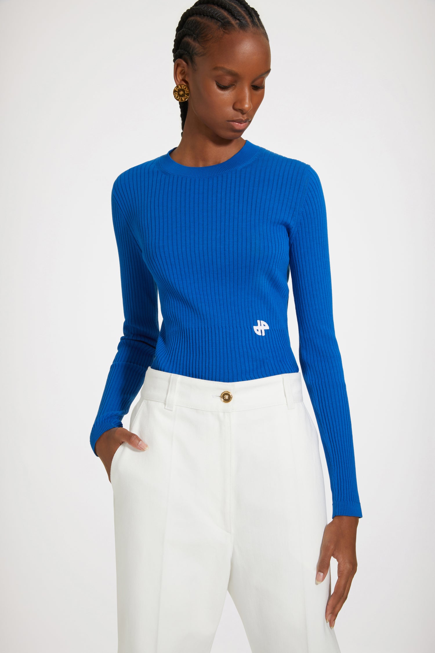 Patou KN078 pull côtelé Blue Jewel coton bio ajusté