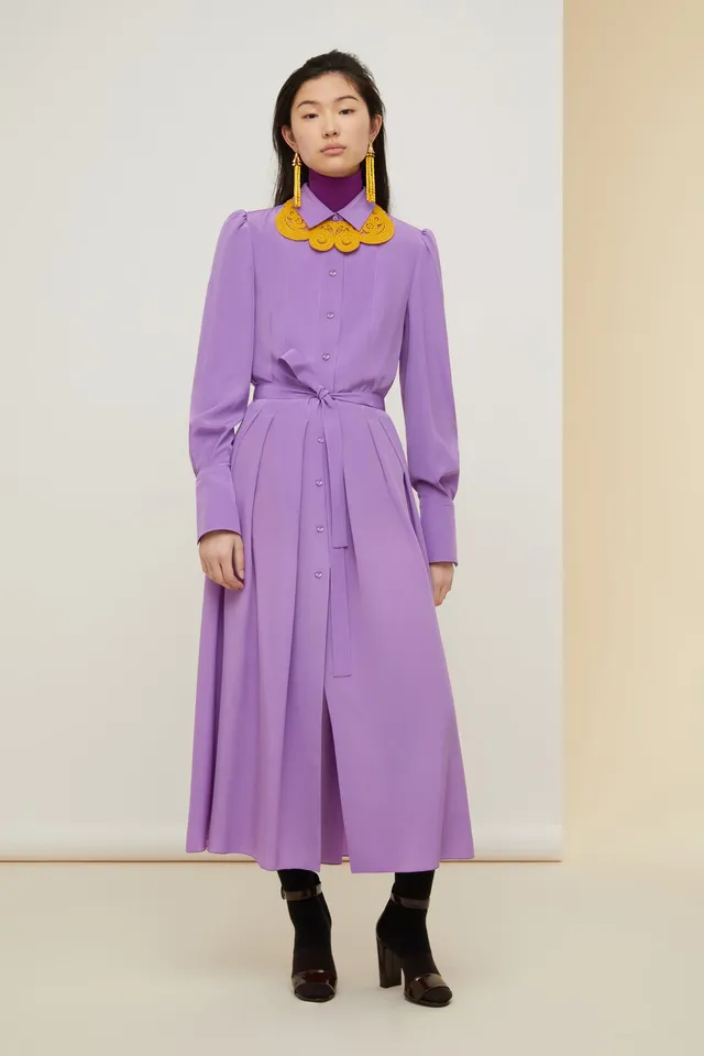 Patou A21DR0780013498P robe chemise midi soie violette plissée