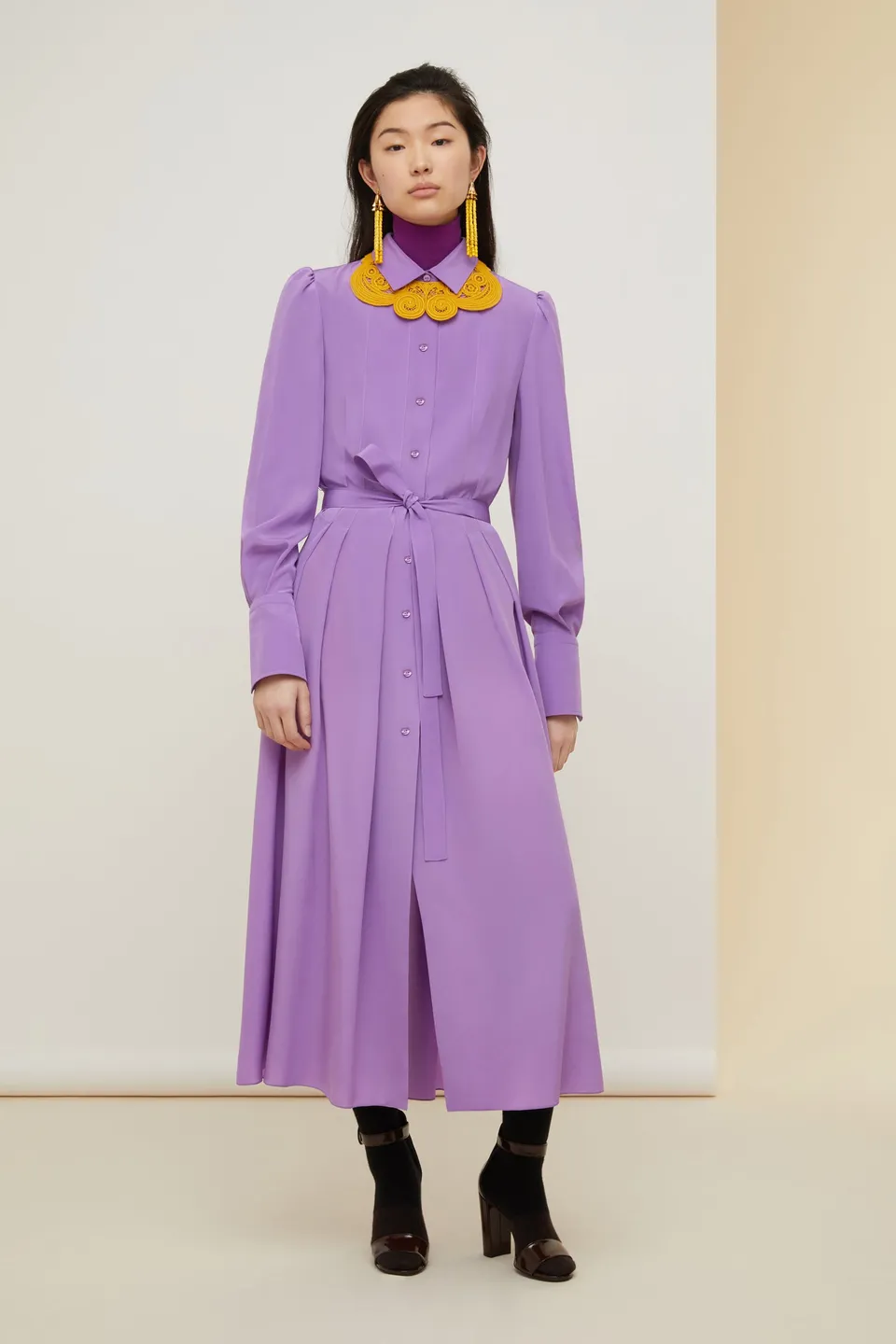 Patou A21DR0780013498P robe chemise midi soie violette plissée