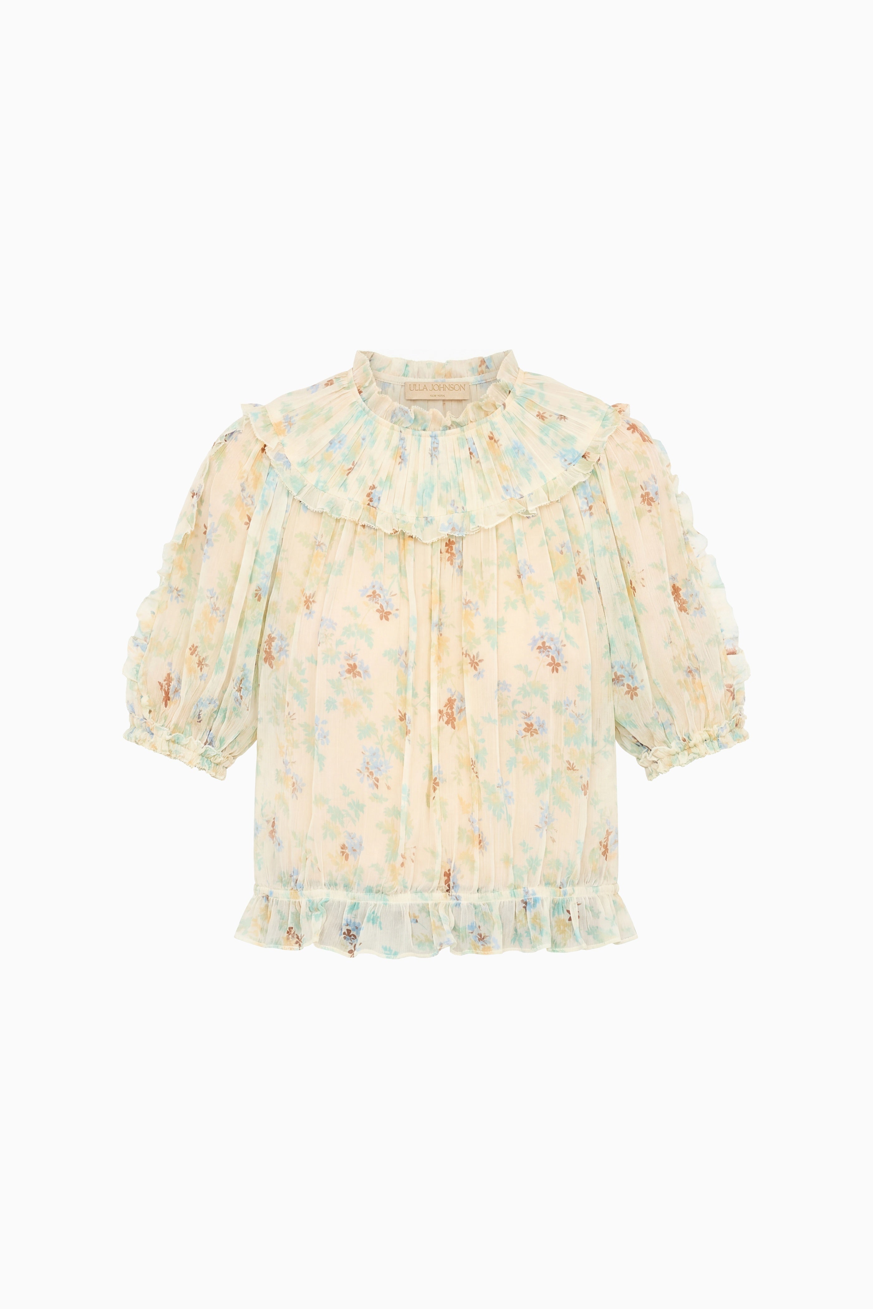 Ulla Johnson Solenne Top soie Moon Petal jaune manches courtes