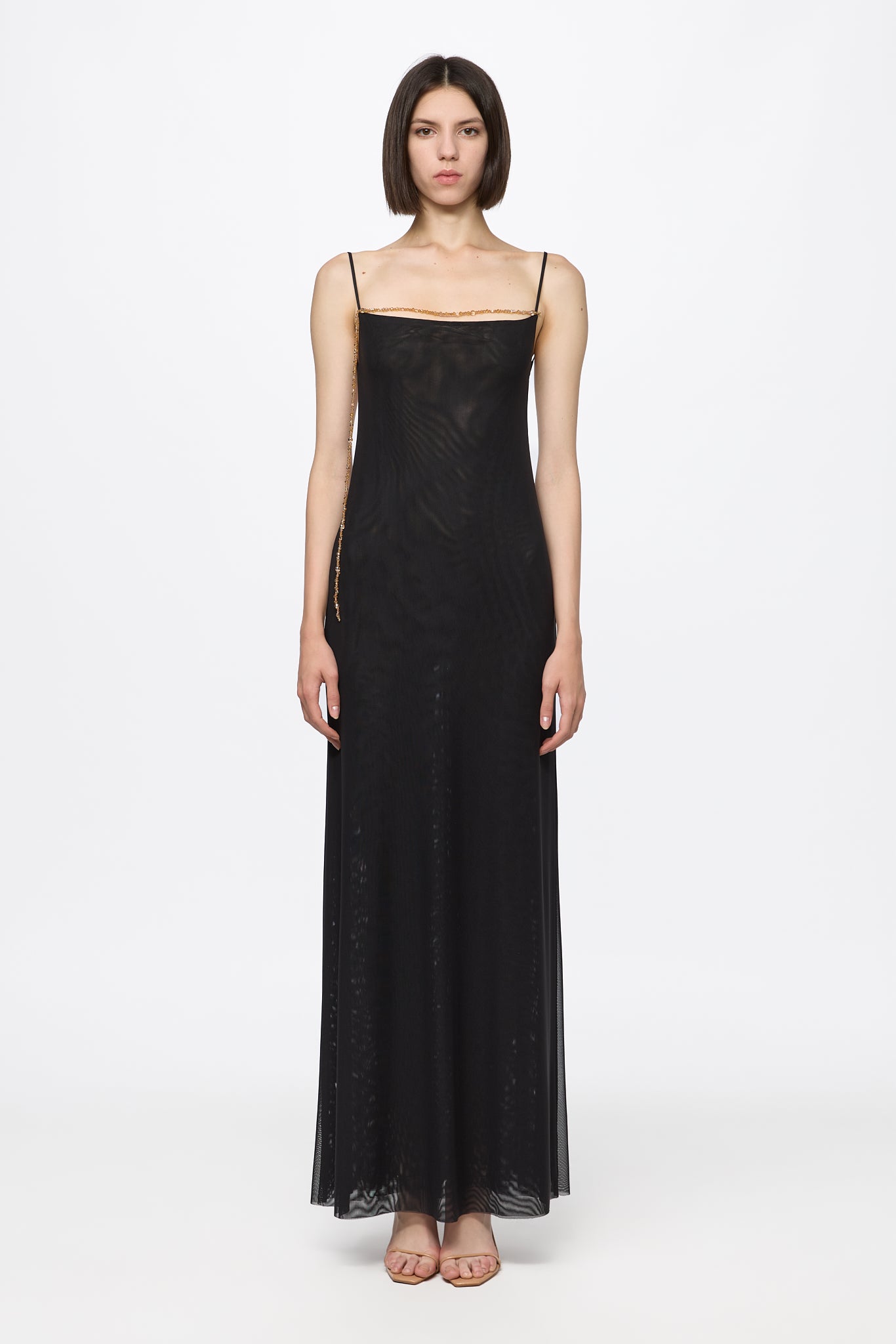 ATU Body Couture robe slip tulle longue cristaux dorés