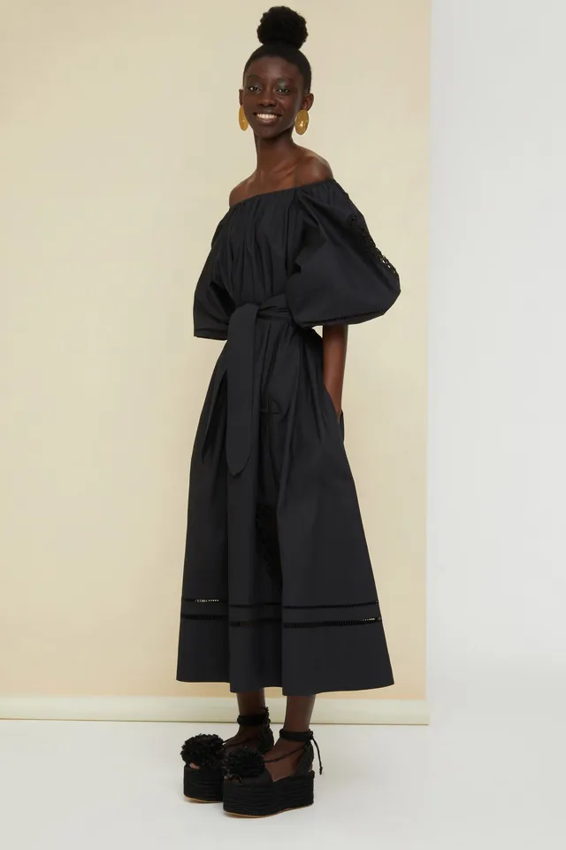 Patou E20DR037 robe maxi ajourée noire popeline coton