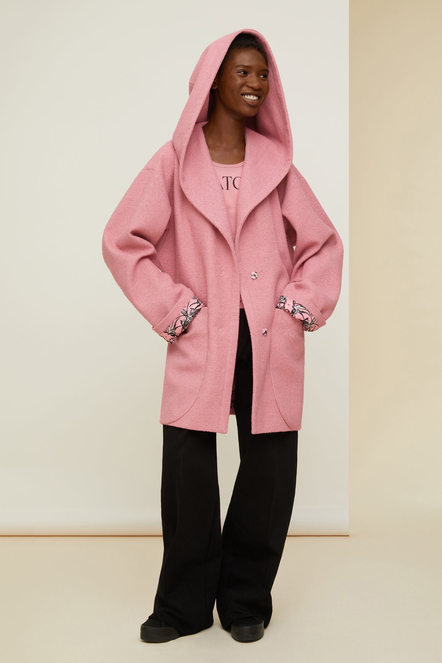 Patou CO012 manteau robe bouclé coton rose antique ceinture