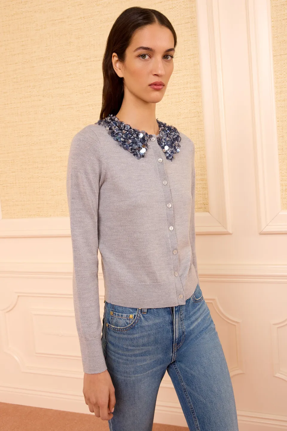 Ulla Johnson Anna cardigan laine Ash sequins gris