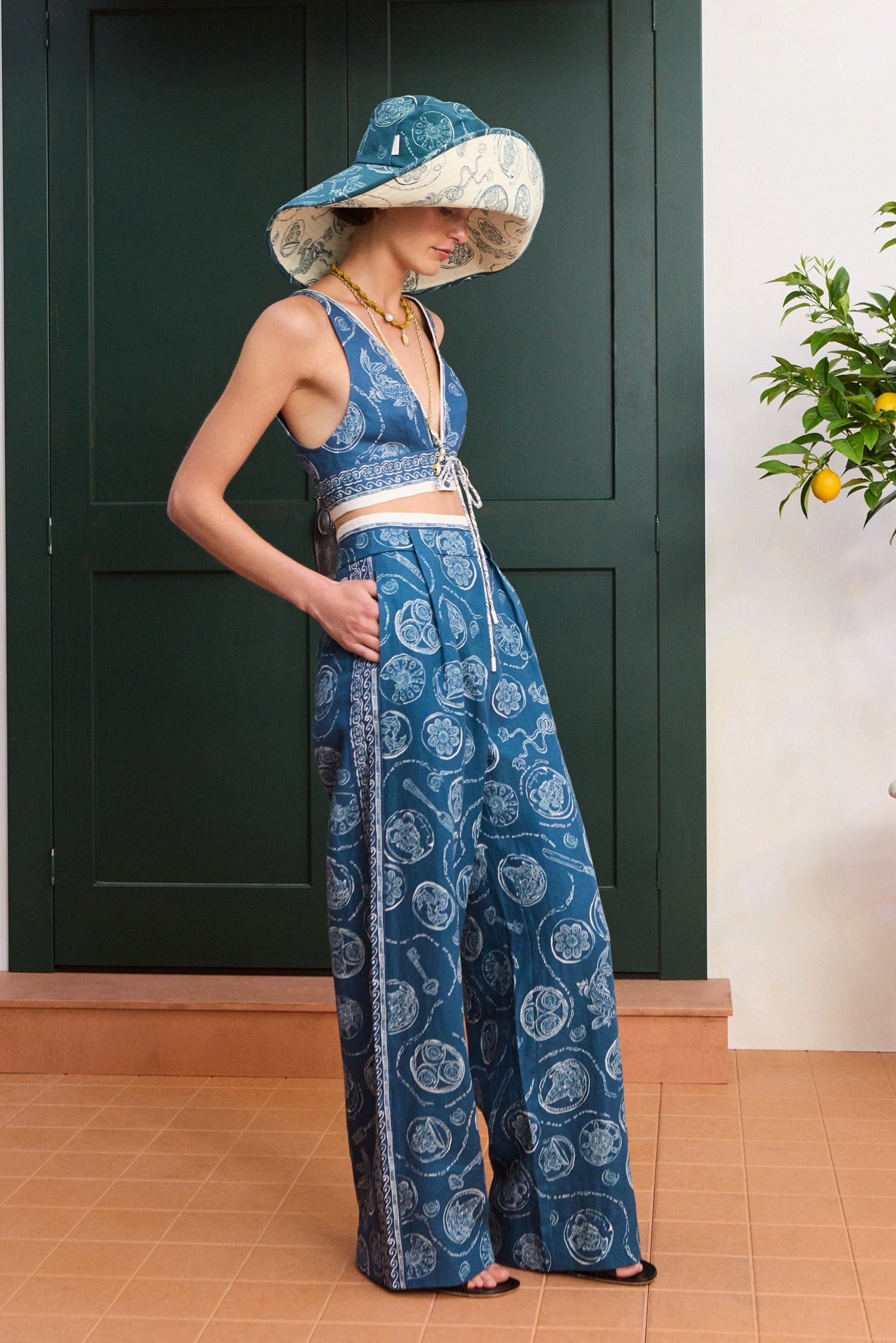 Alemaïs Lucky pantalon large lin taille haute imprimé
