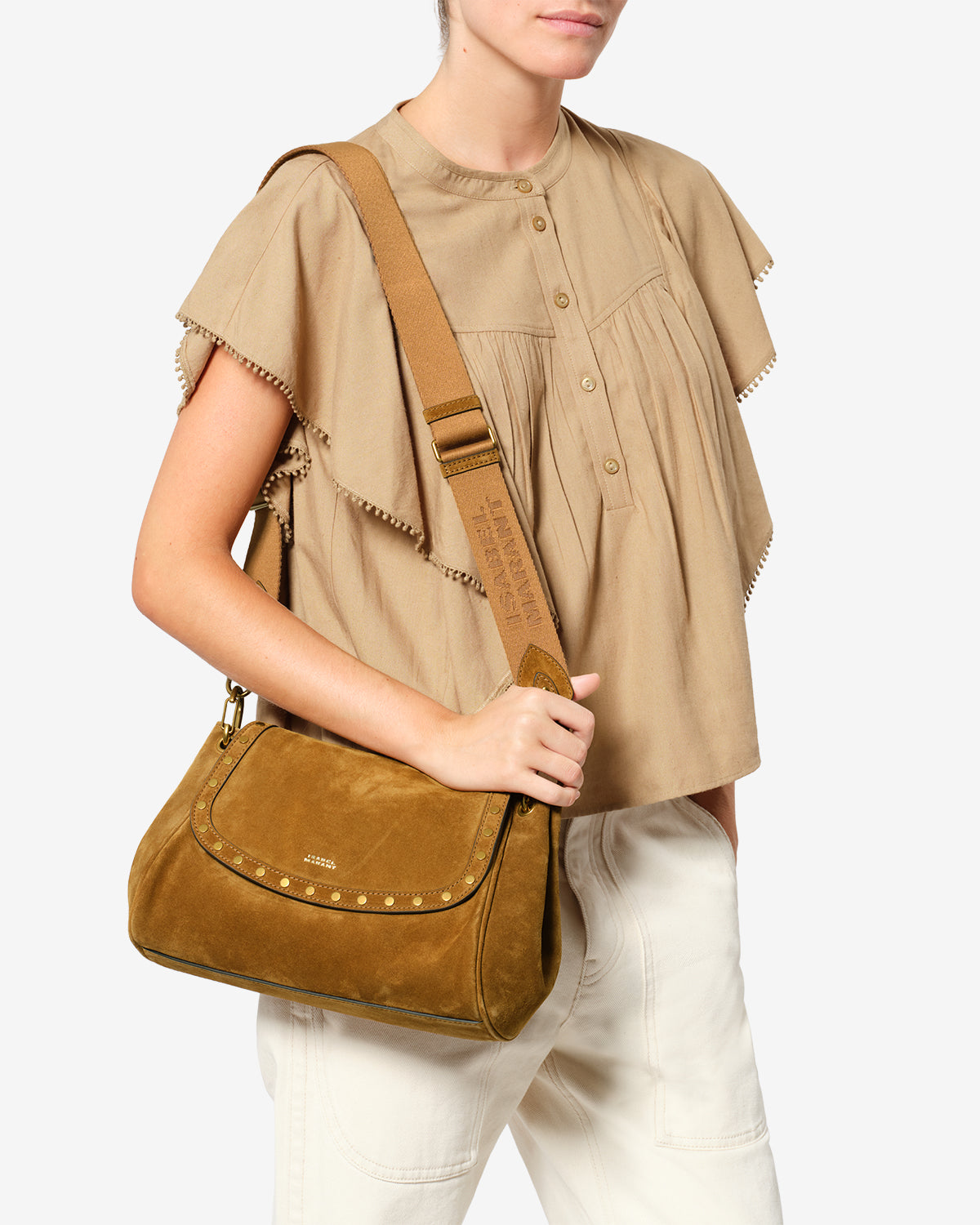 Isabel Marant Chany M sac cuir velours cognac 34 cm
