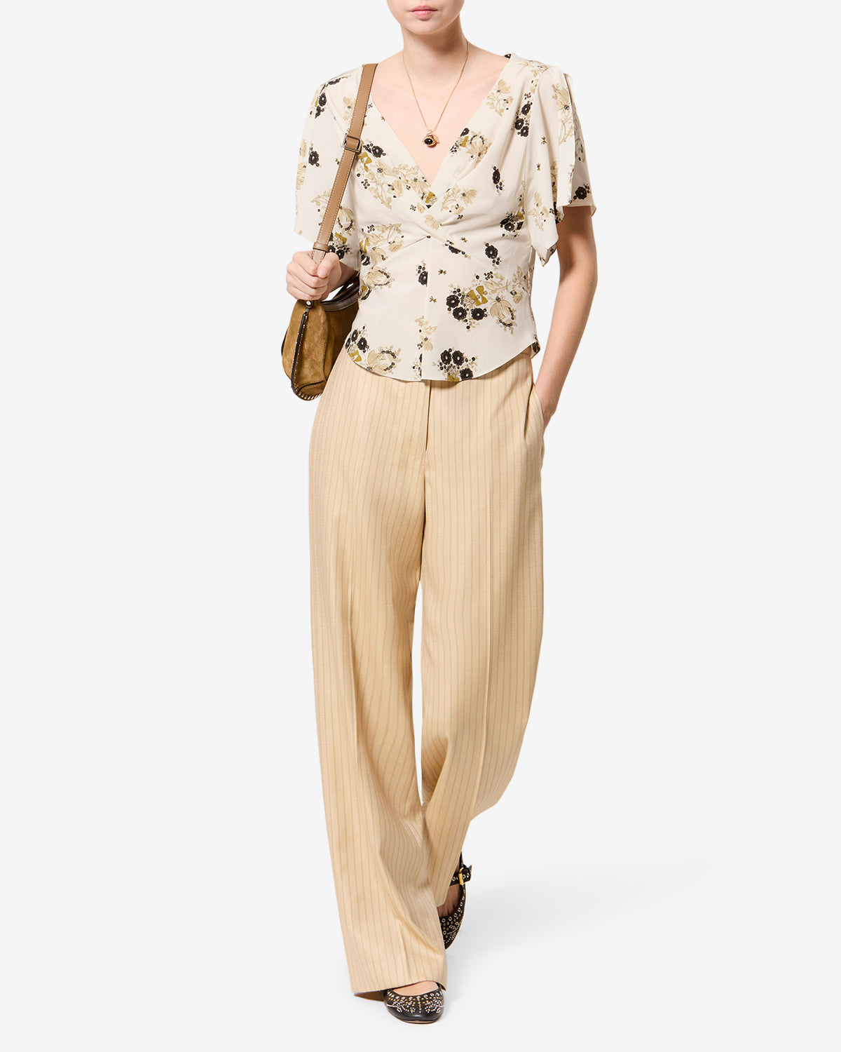 Isabel Marant Faljane top écru soie stretch fleuri col V