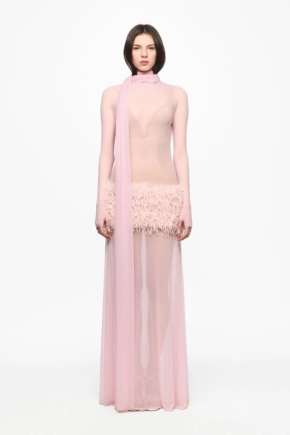ATU Body Couture robe maxi rose plumes manches longues S