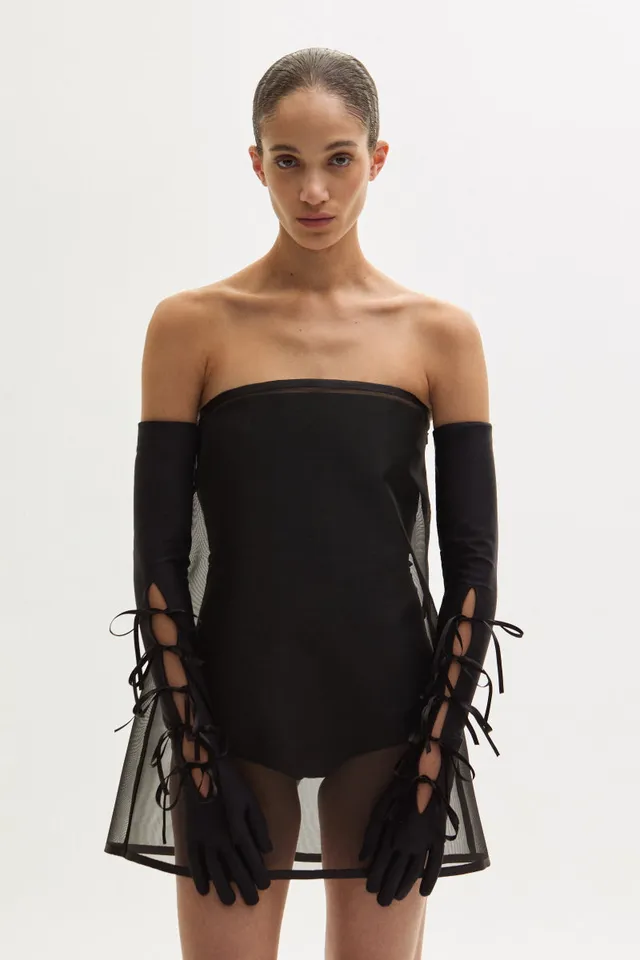 ATU Body Couture Gants Longs Noirs Connection Nœuds Satin