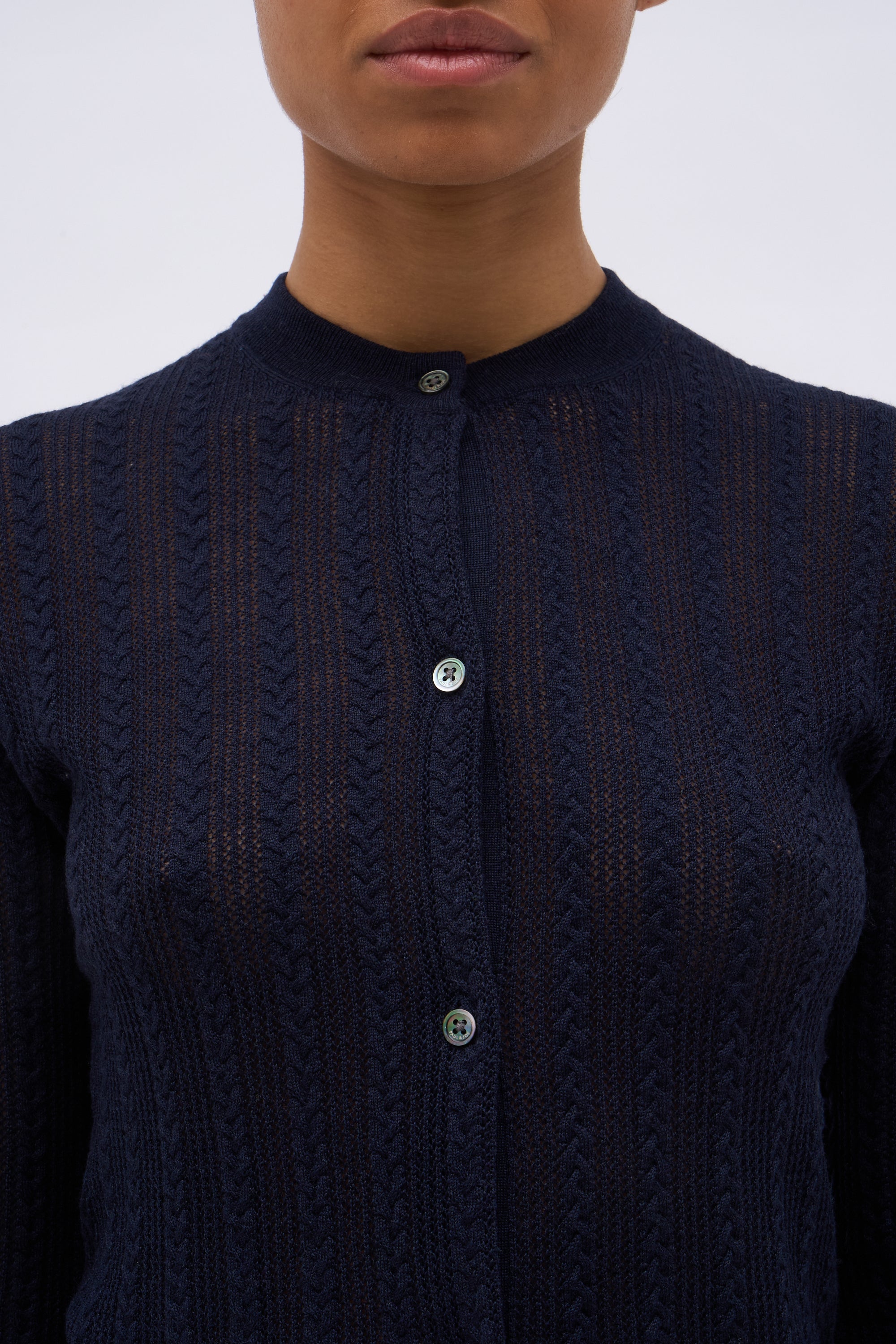 Paul & Joe Junon cardigan laine mérinos marine pointelle