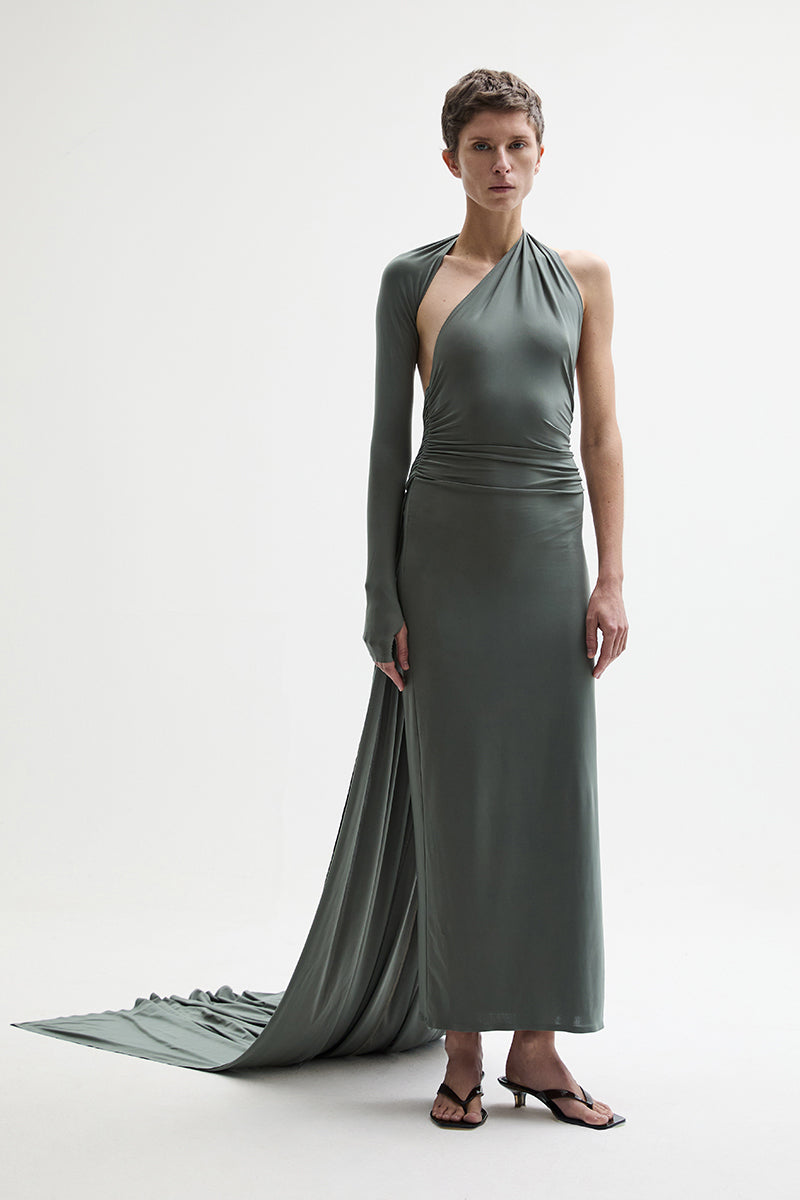ATU Body Couture Swallow robe midi une manche à traîne