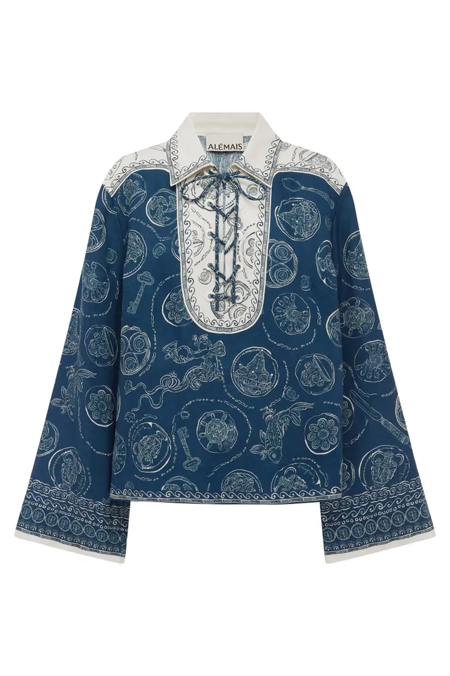 Alemaïs Lucky Lace Up Top chemise coton marine