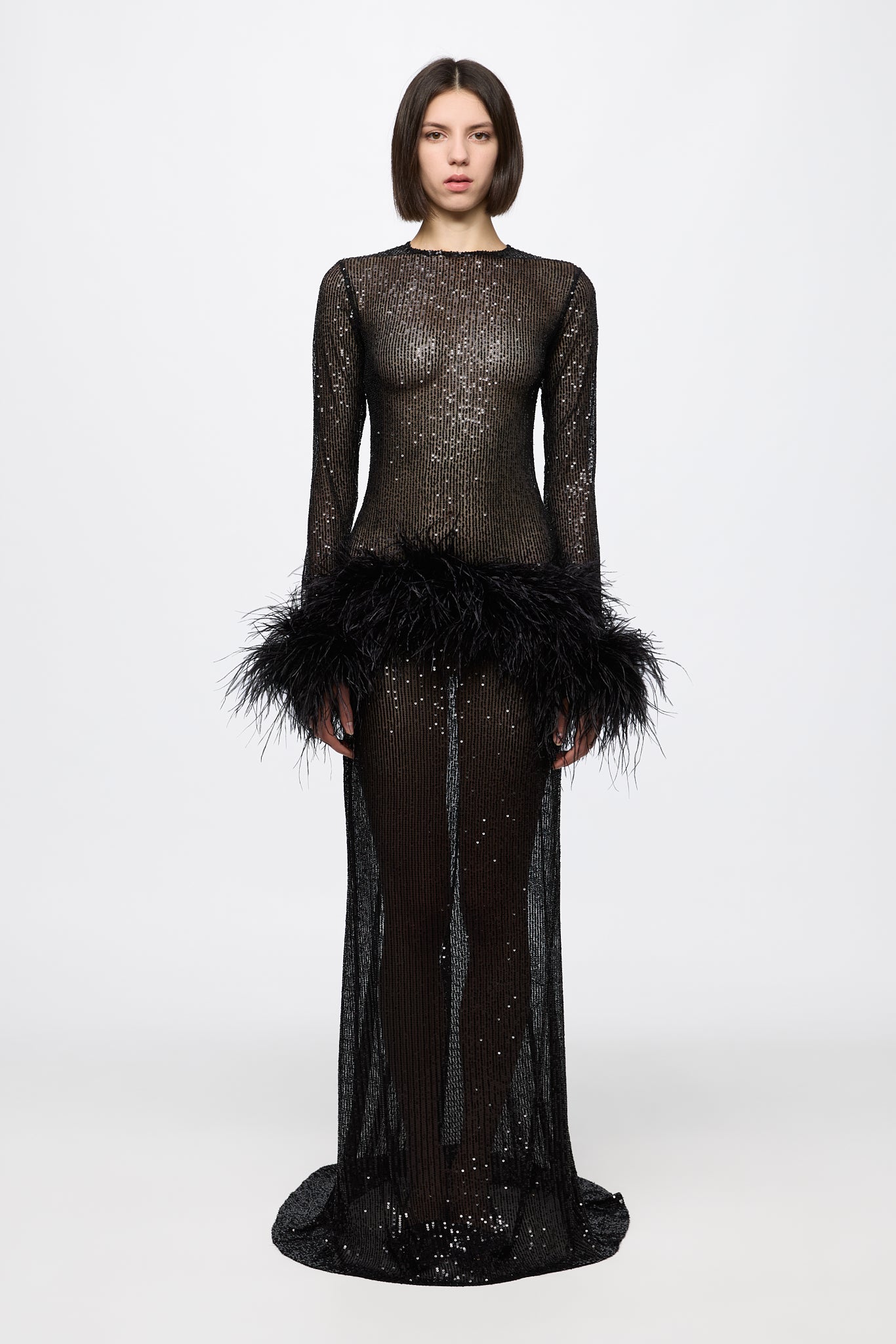 ATU Body Couture Sequins Robe Sequins Plumes Noire S