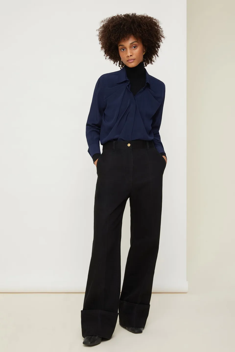 Patou H20BL0030013601N blouse soie drapée Navy