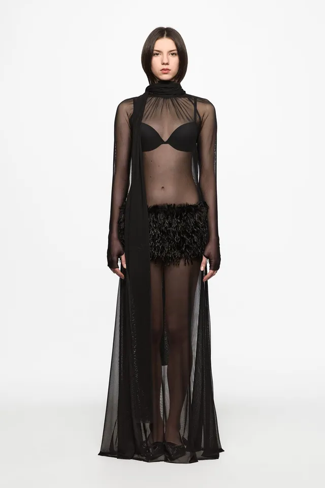 ATU Body Couture Sequins robe maxi noire plumes S