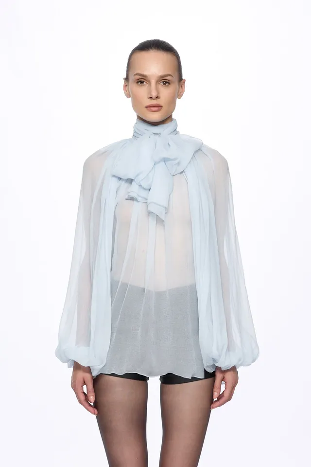 ATU Body Couture Silk chemisier soie bleue foulard S
