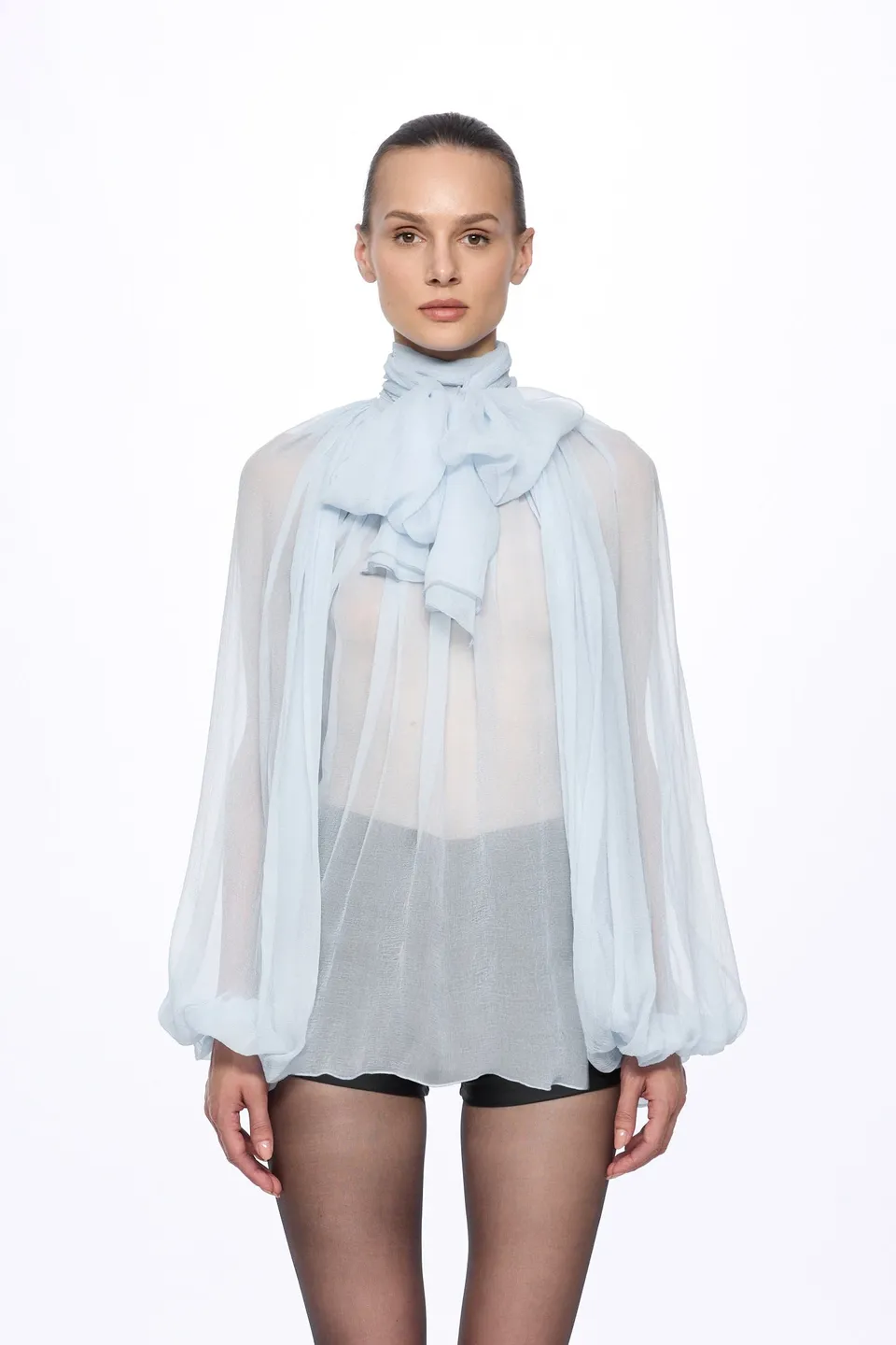 ATU Body Couture Silk chemisier soie bleue foulard S