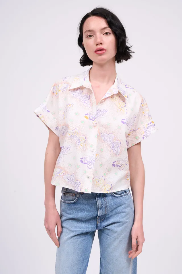 Paul & Joe Damier chemise courte coton blanc papillon
