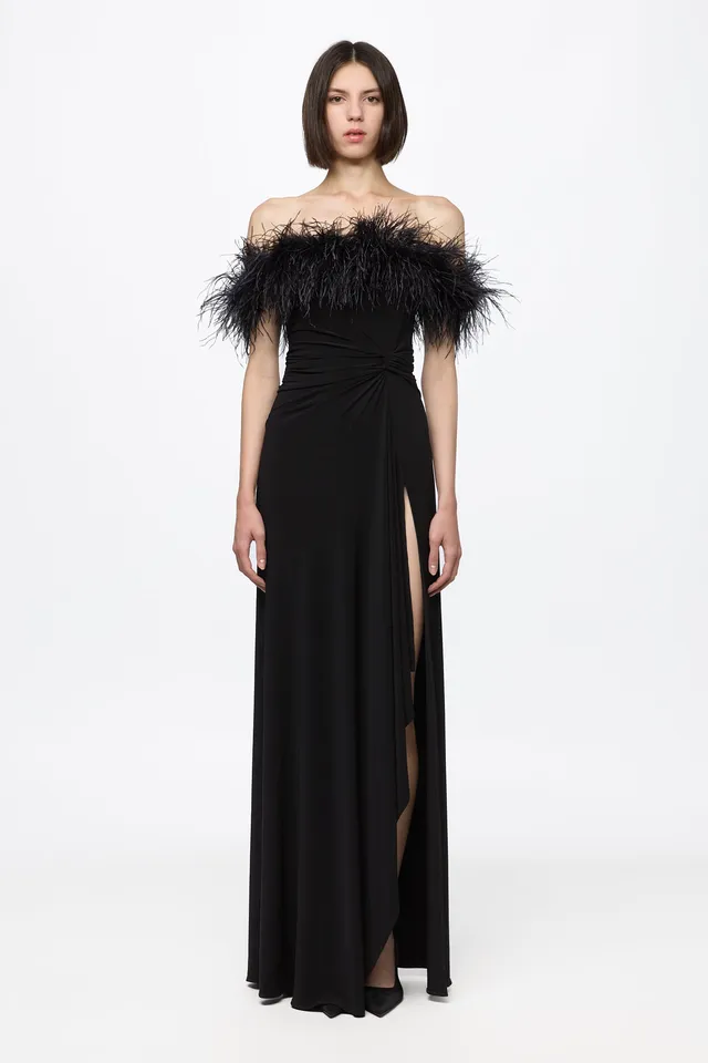 ATU Body Couture robe longue noire plumes taille S