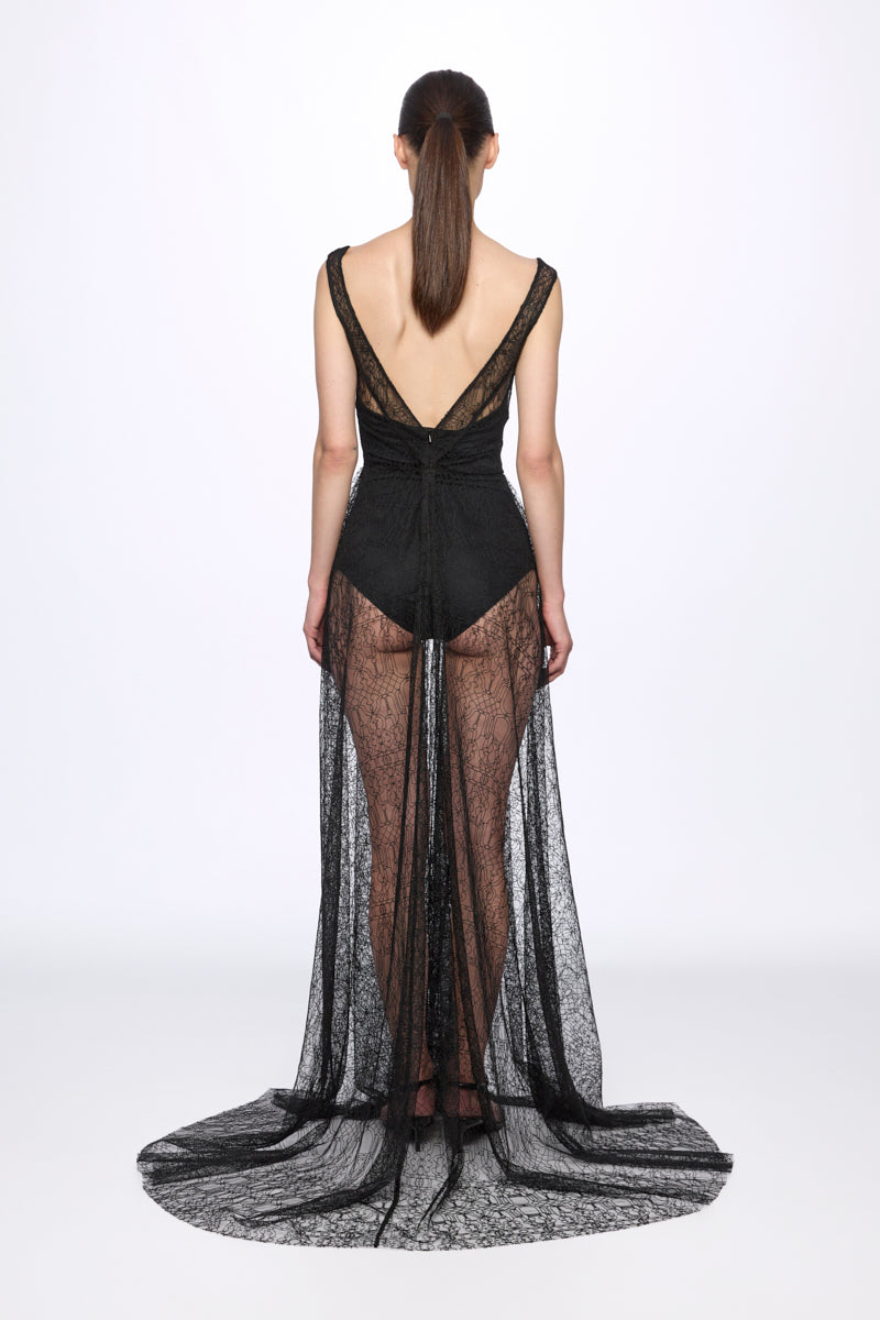 ATU Body Couture Long Formal robe dentelle noire taille S