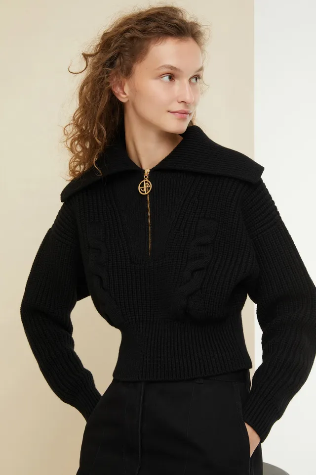 Patou KN039 pull laine noir col marin zippé court