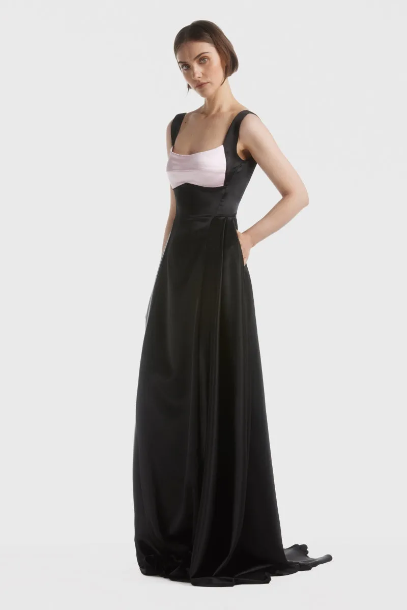 ATU Body Couture robe longue satin noire bonnets roses corset