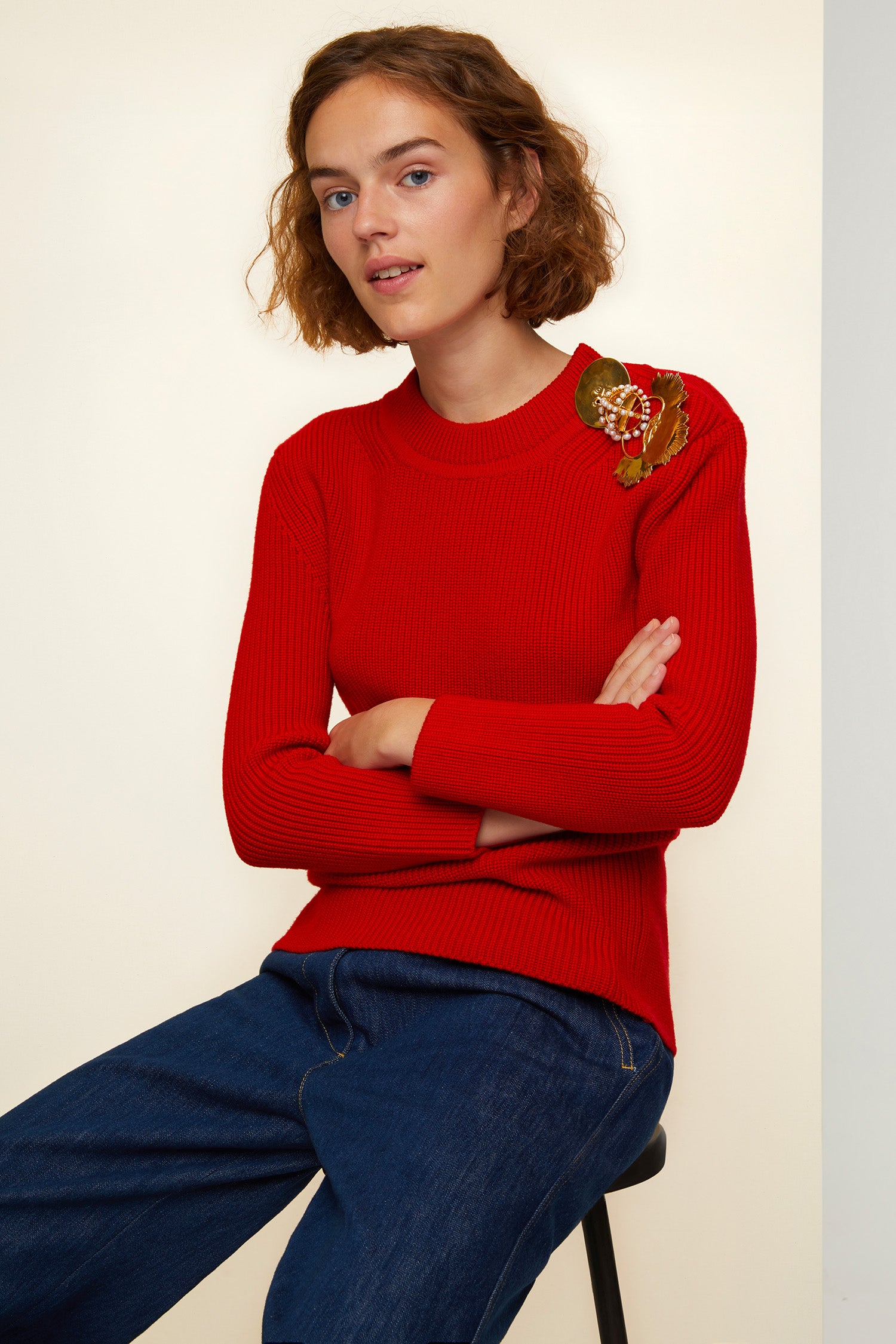 Patou KN004 pull laine mérinos rouge broches