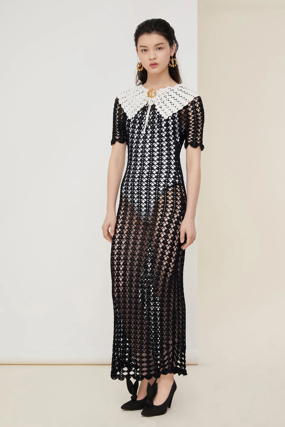 Patou KN024 robe maxi noire crochet bicolore
