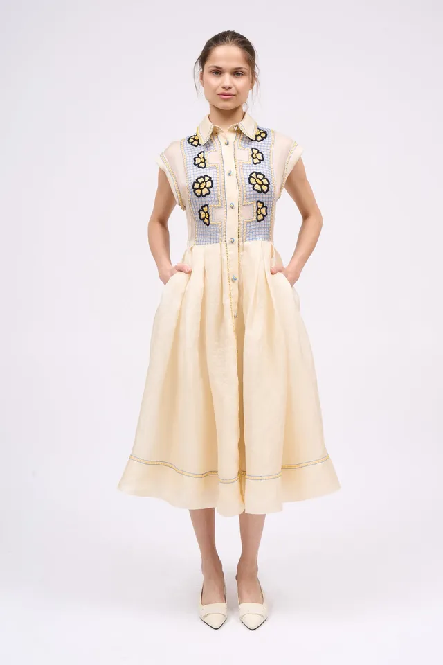 PAUL & JOE HYACINTHE robe-chemise soie brodée midi main
