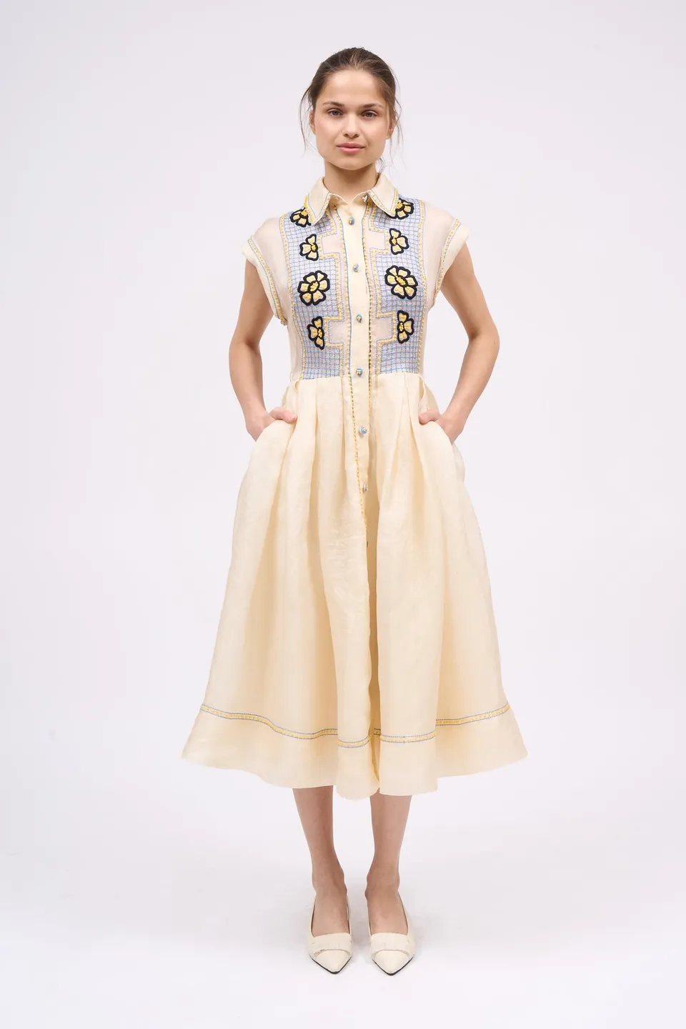 PAUL & JOE HYACINTHE robe-chemise soie brodée midi main