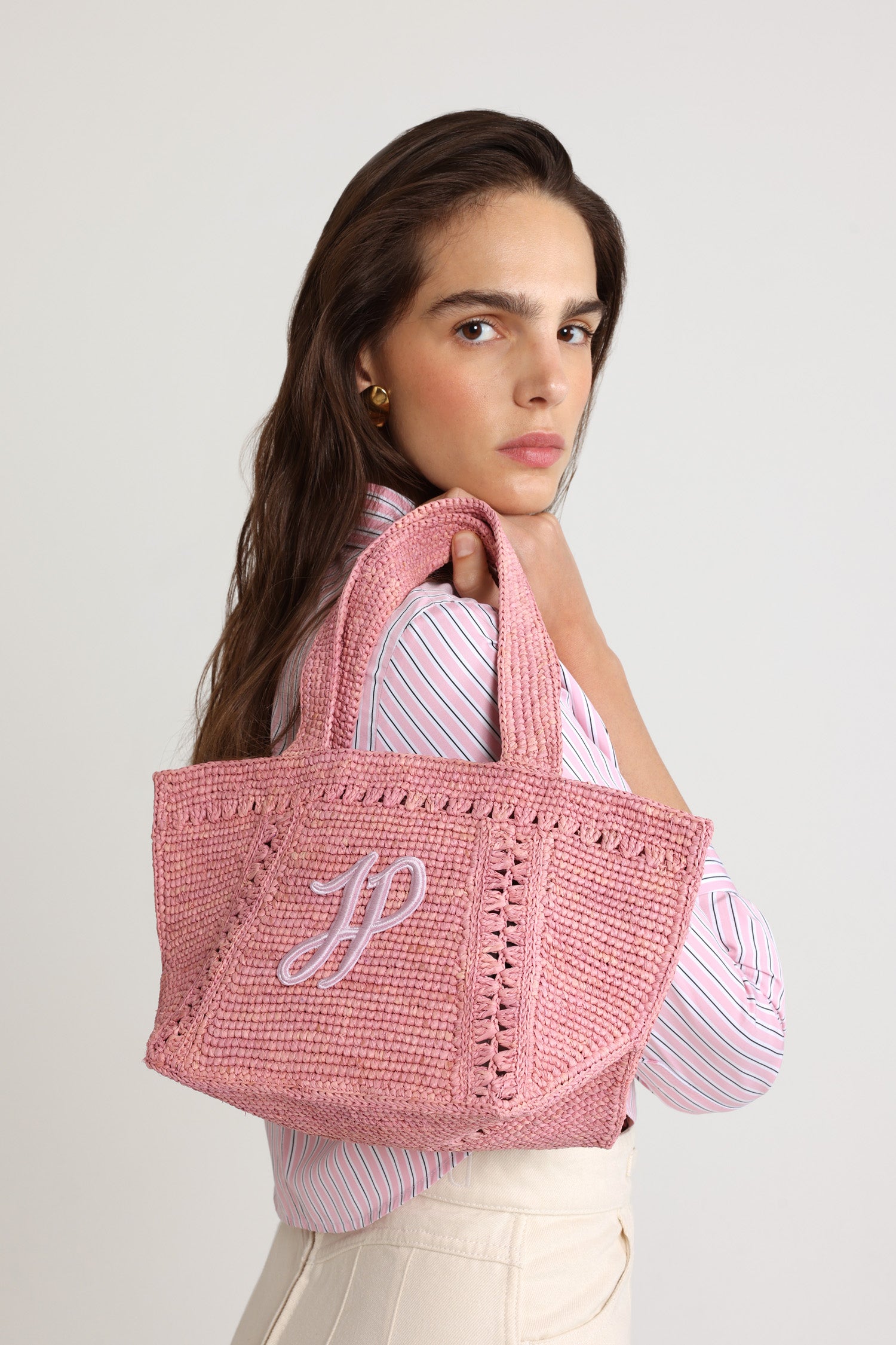 Patou sac cabas trapèze AC093 raphia monogramme rose TU
