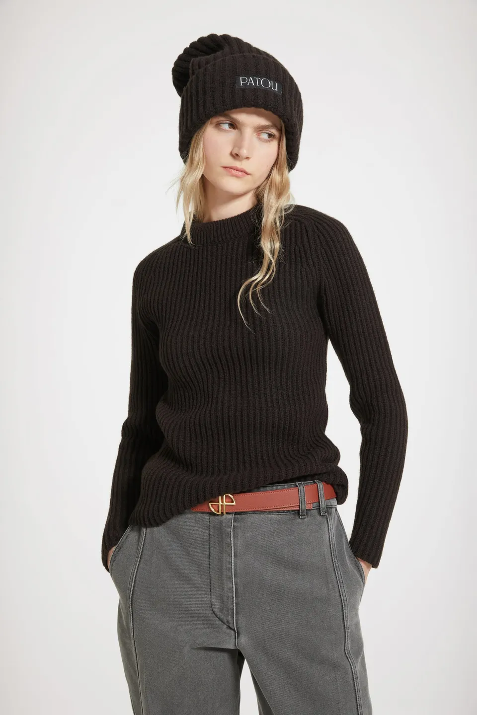 Patou Knitwear pull col 3D KN140 chocolat laine cachemire