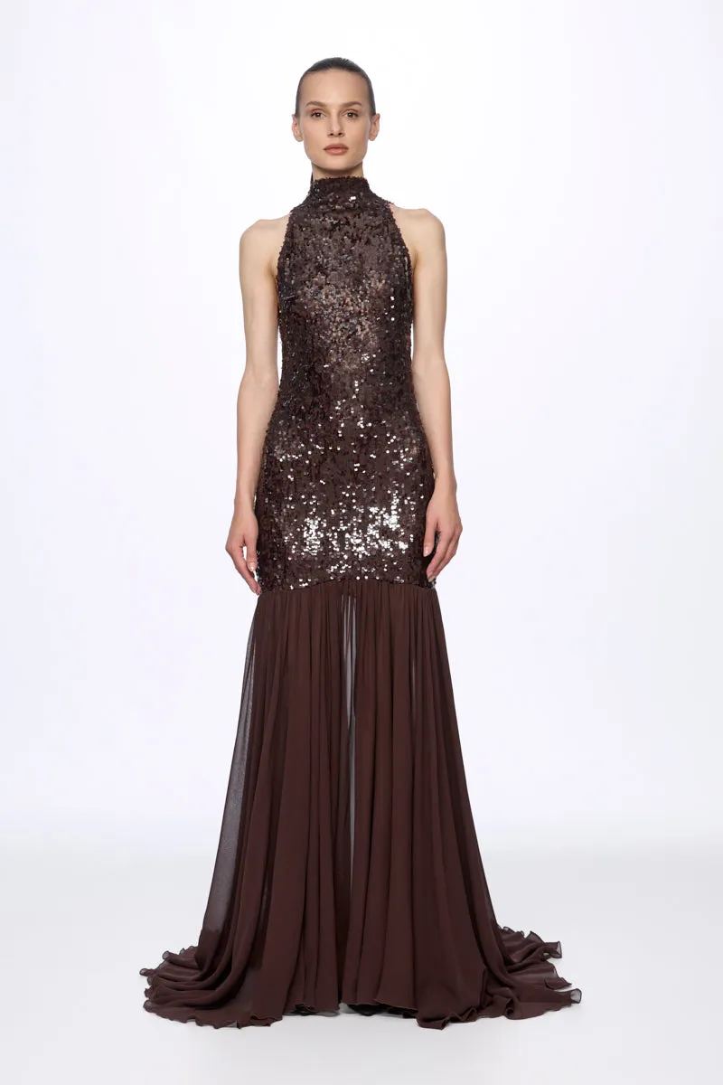 ATU Body Couture robe longue sequins marron col montant dos ouvert