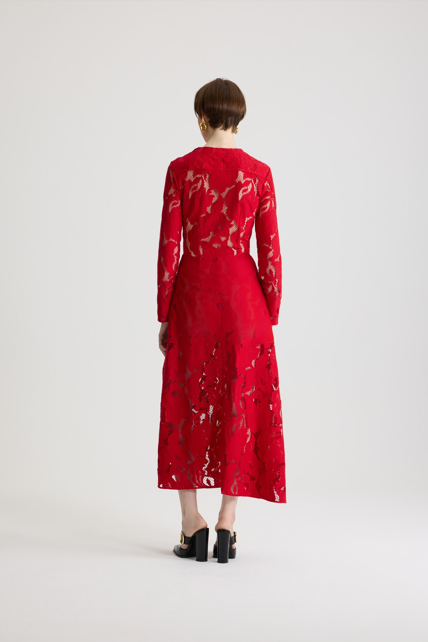 Patou DR212 robe midi asymétrique dentelle rouge babylone