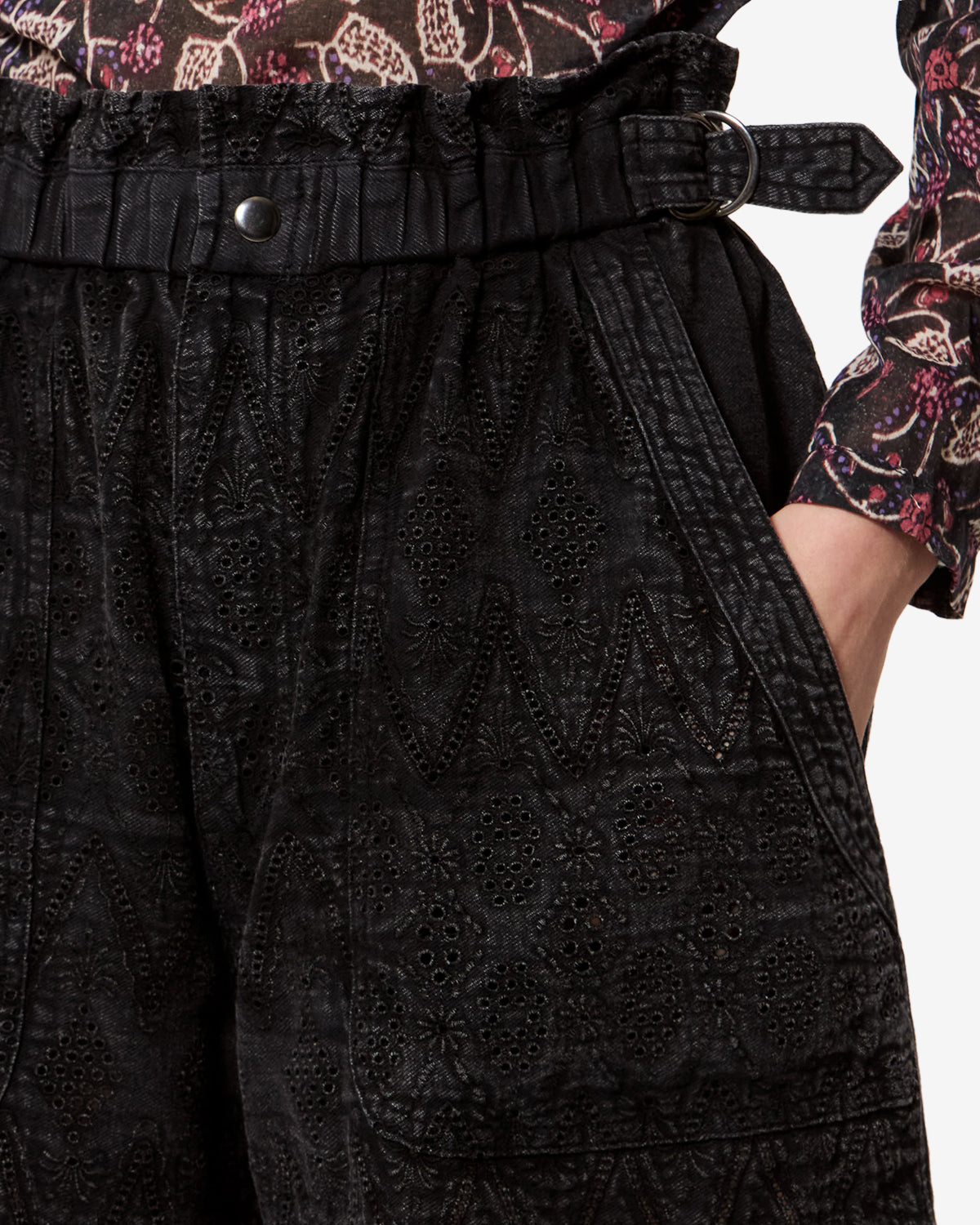 Isabel Marant Kisha short coton noir délavé broderie