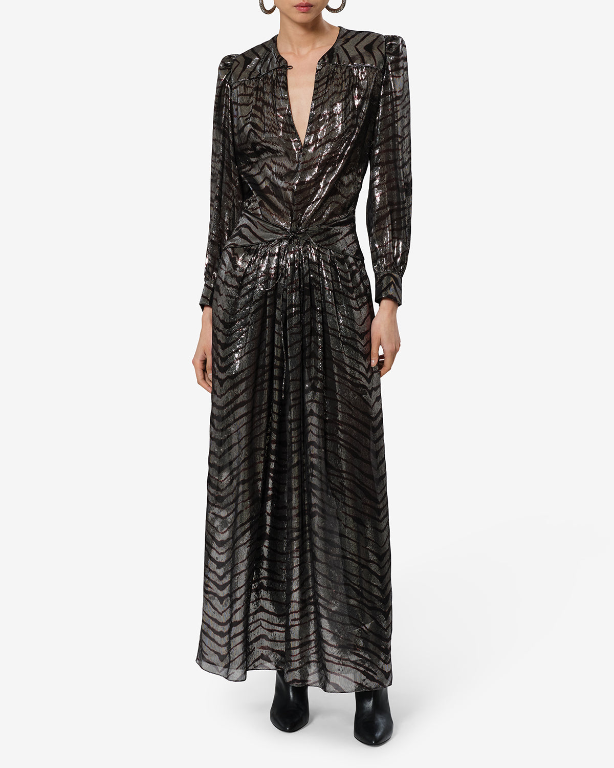Isabel Marant Felby robe longue soie noir et argenté zèbre