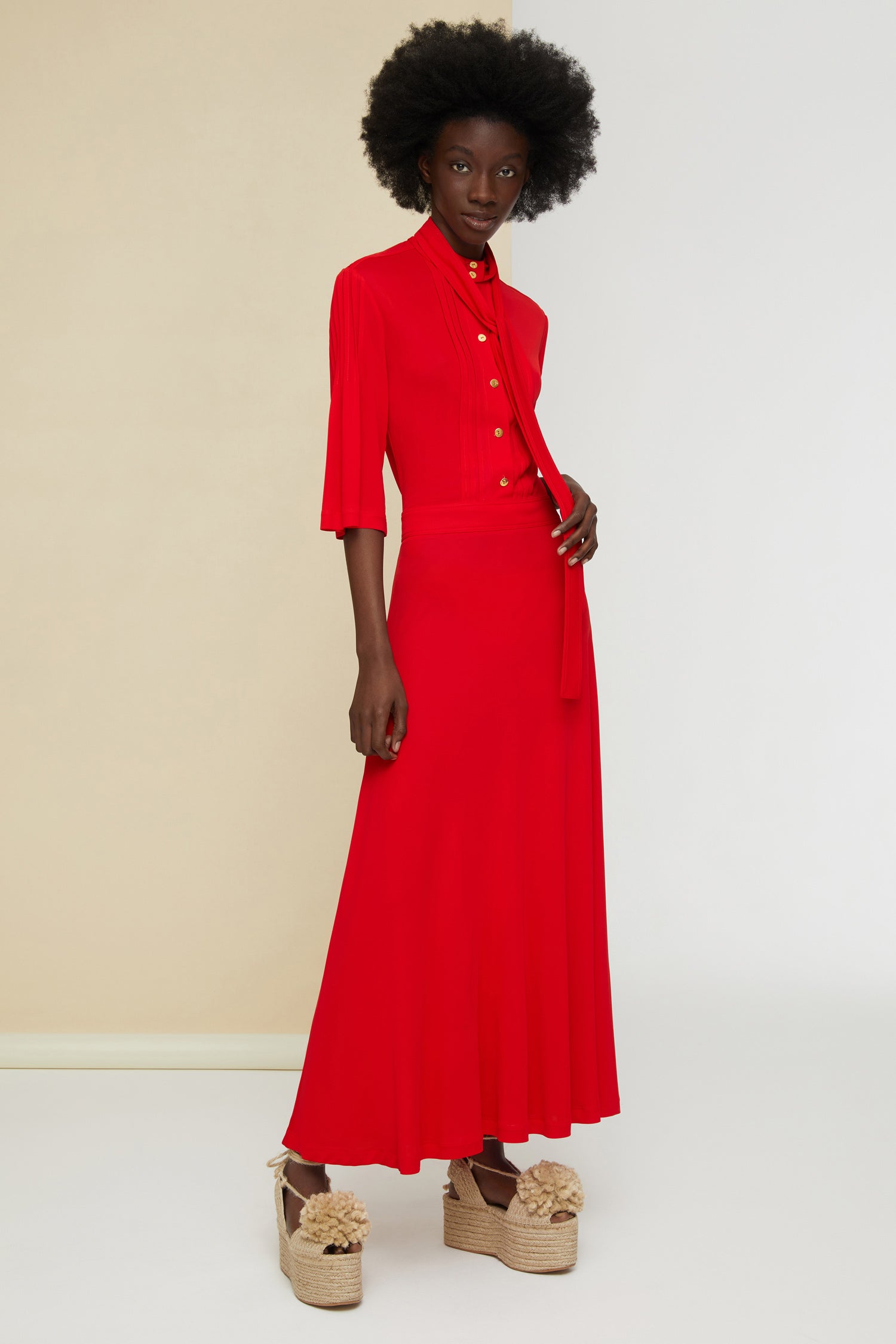 Patou DR055 robe midi rouge coquelicot jersey plissée