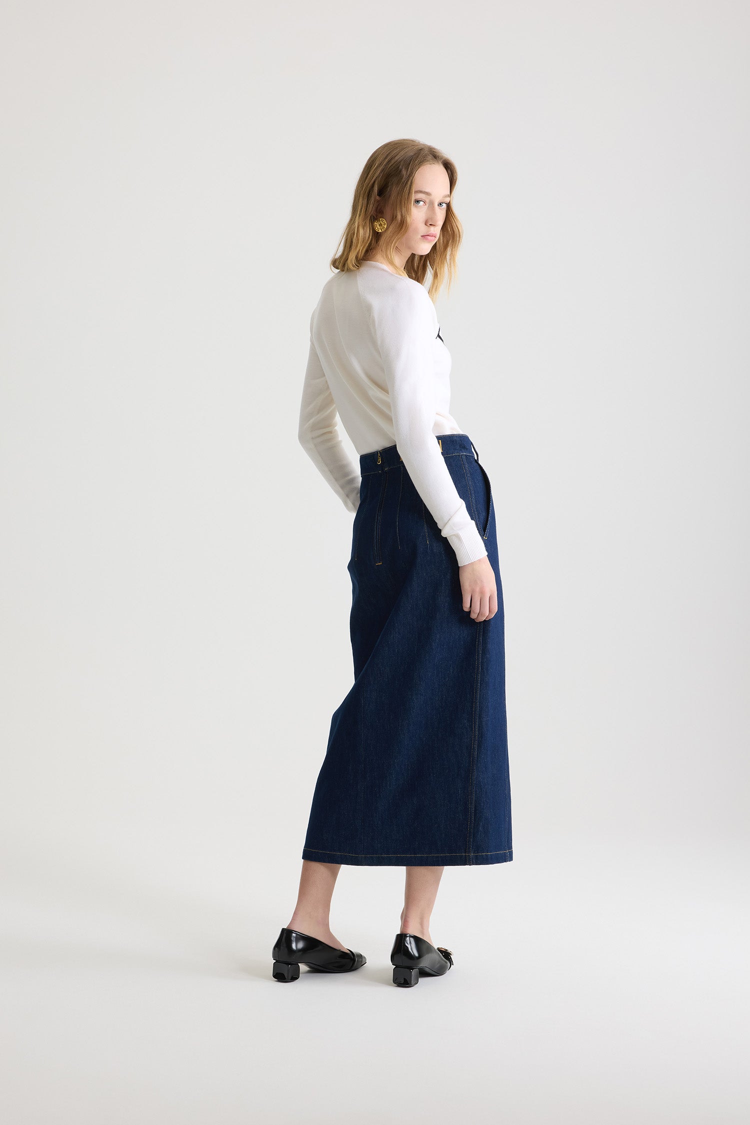 Patou SK050 jupe midi denim fendue rodeo blue