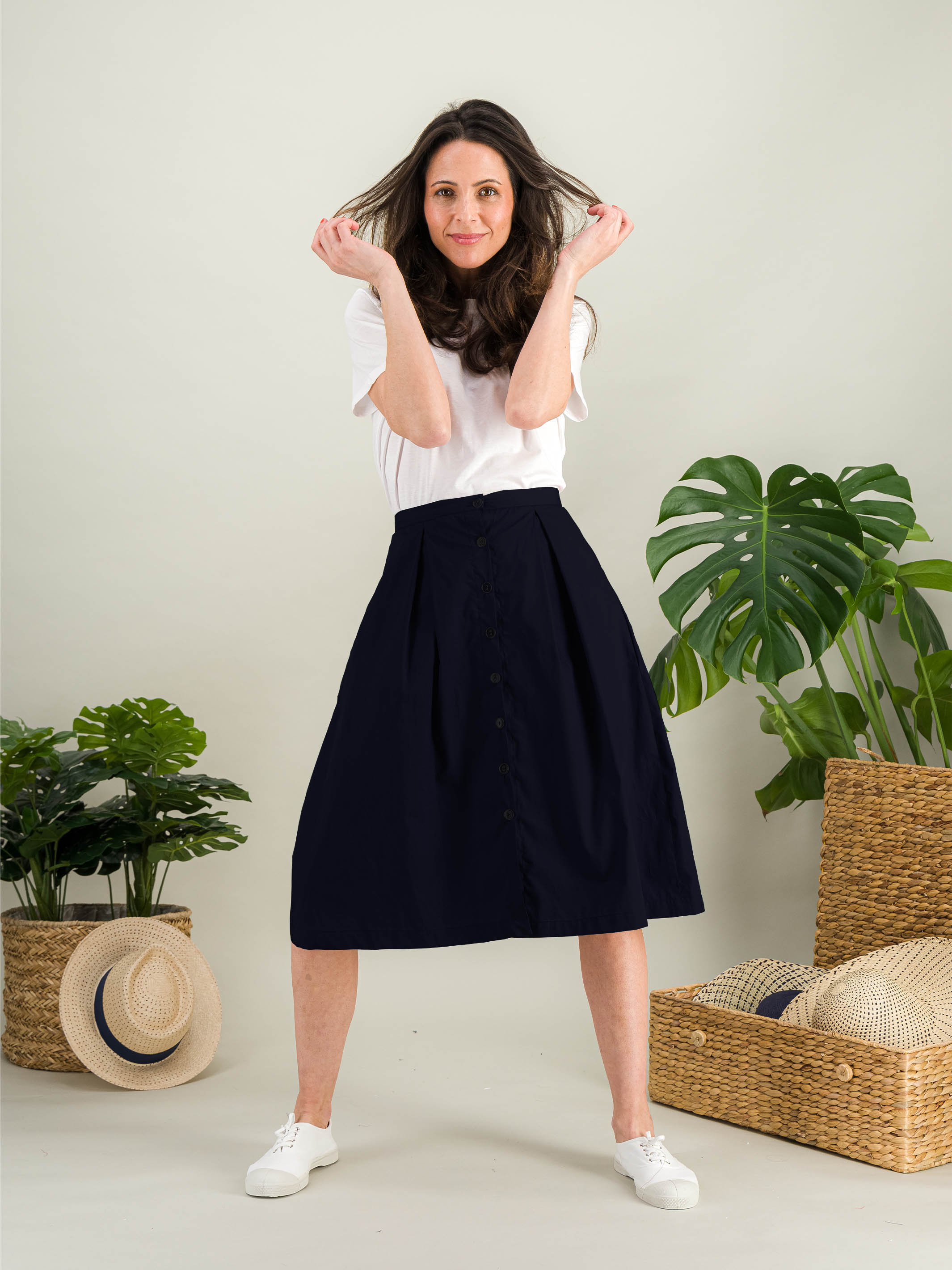 Anahide Saint André Manon jupe mi-longue coton bleu marine