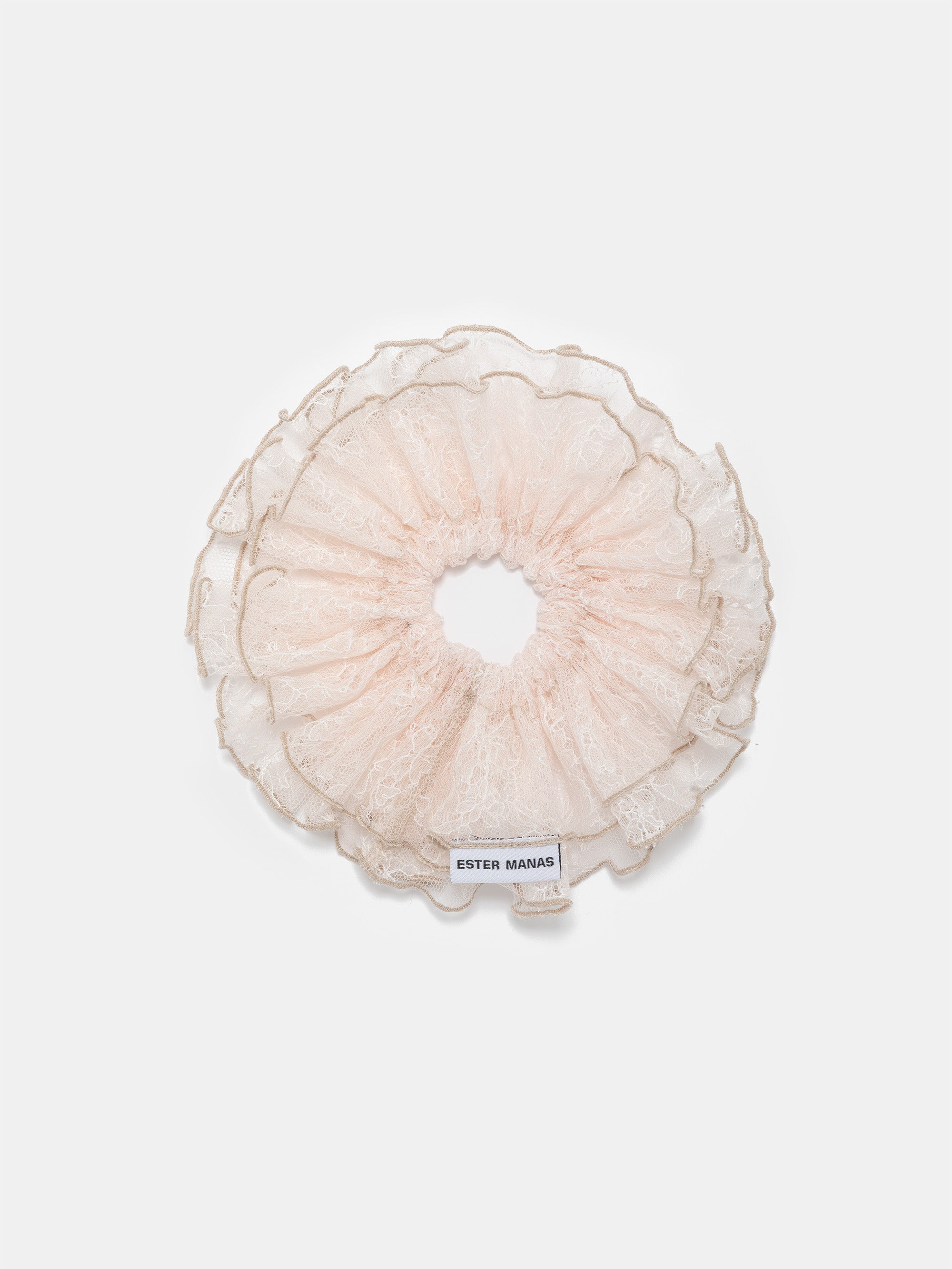 Ester Manas Blush Ruffled chouchou dentelle rose 16 cm