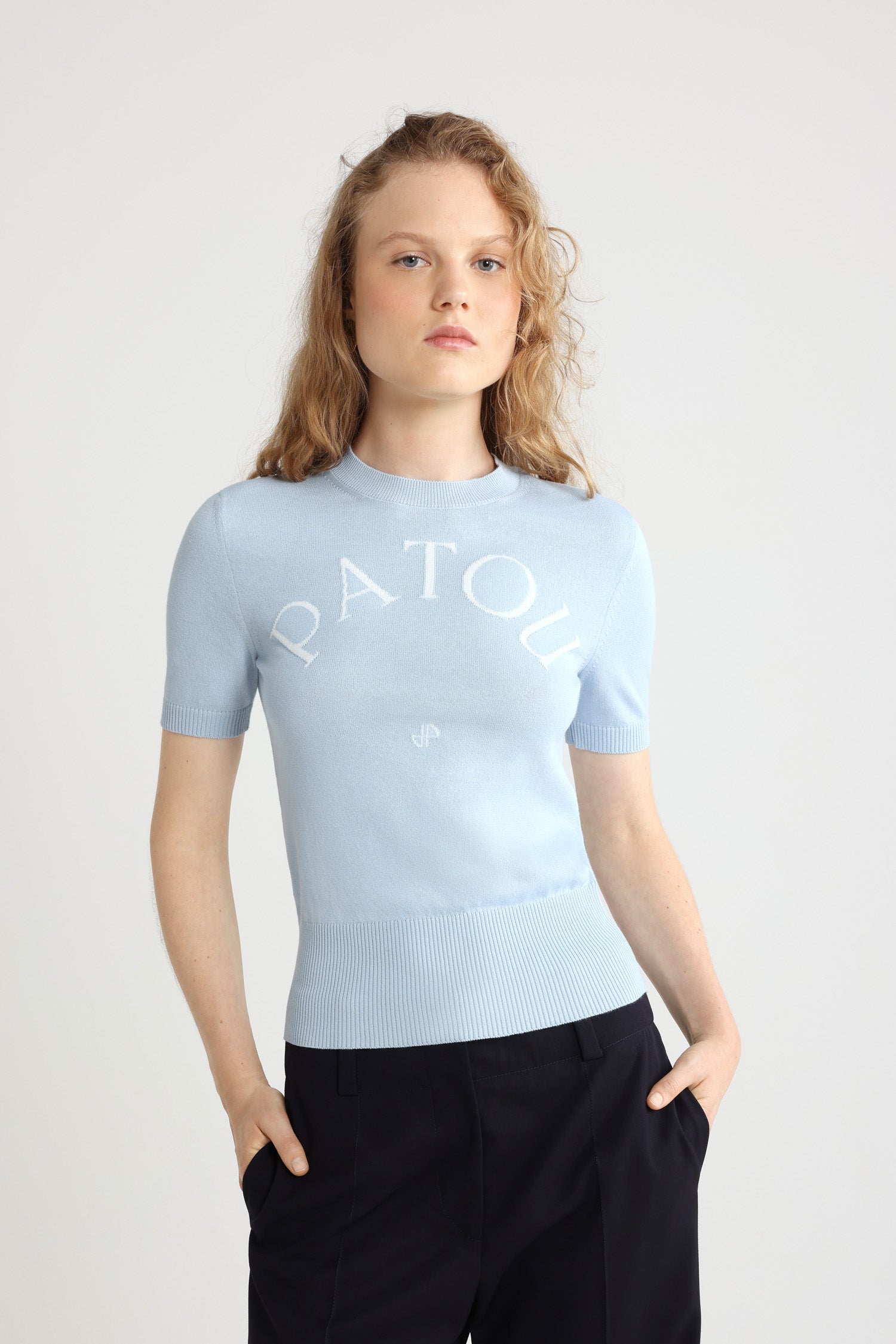 Patou Knitwear KN068 top jacquard coton bleu Skylight