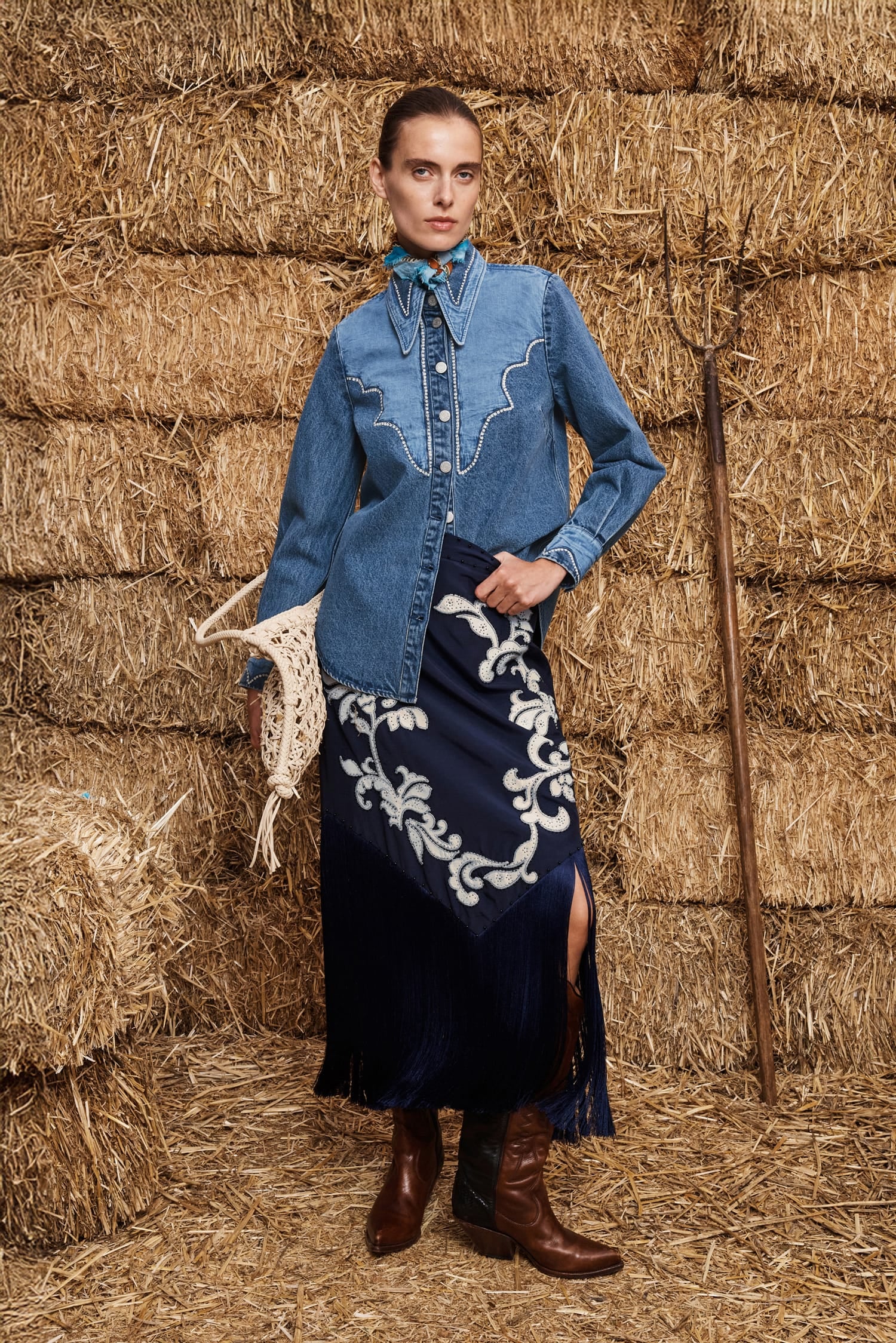Alemaïs Jesse chemise denim coton patchwork manches longues