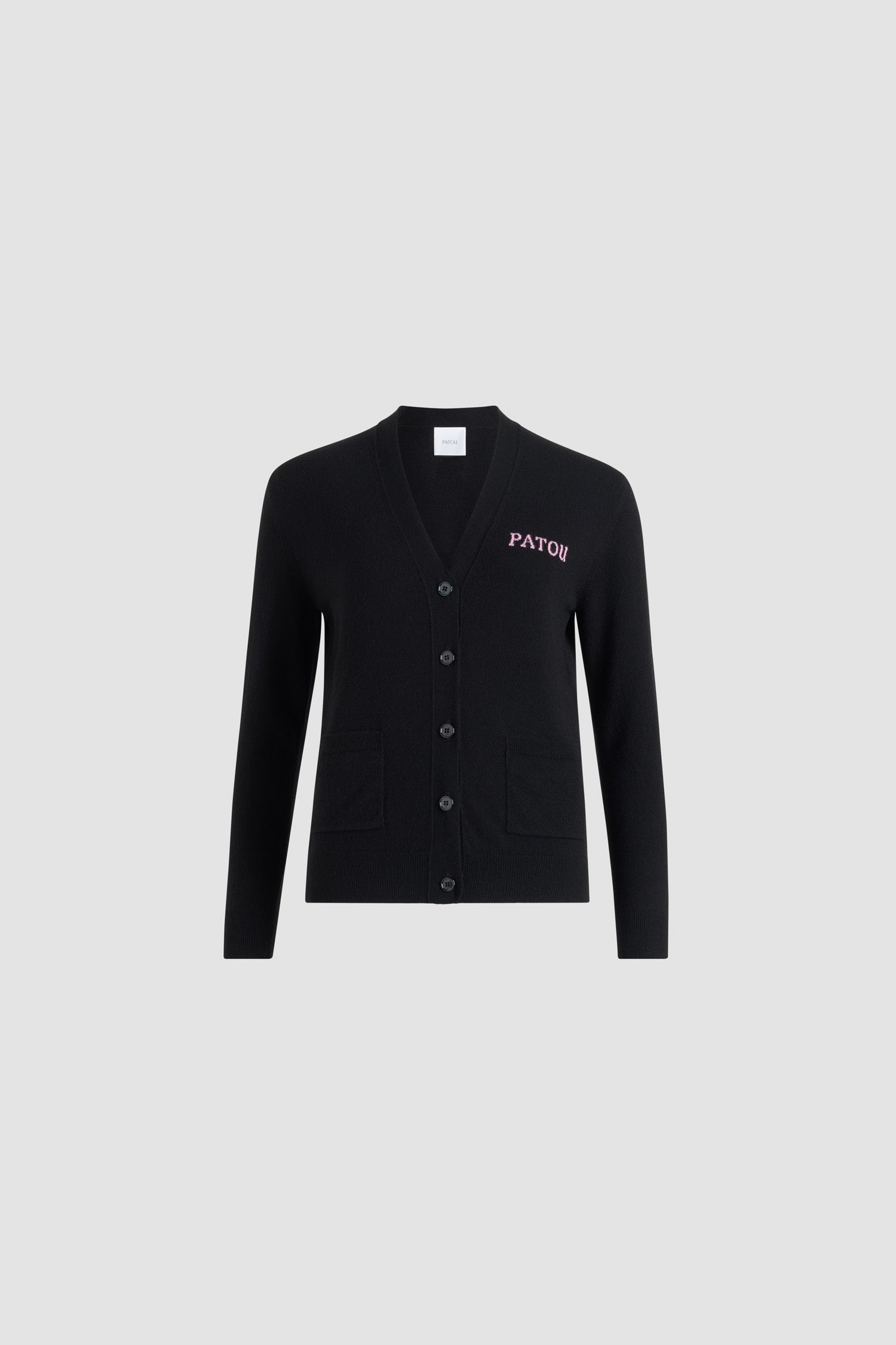Patou KN306 cardigan laine noir col V intarsia logo
